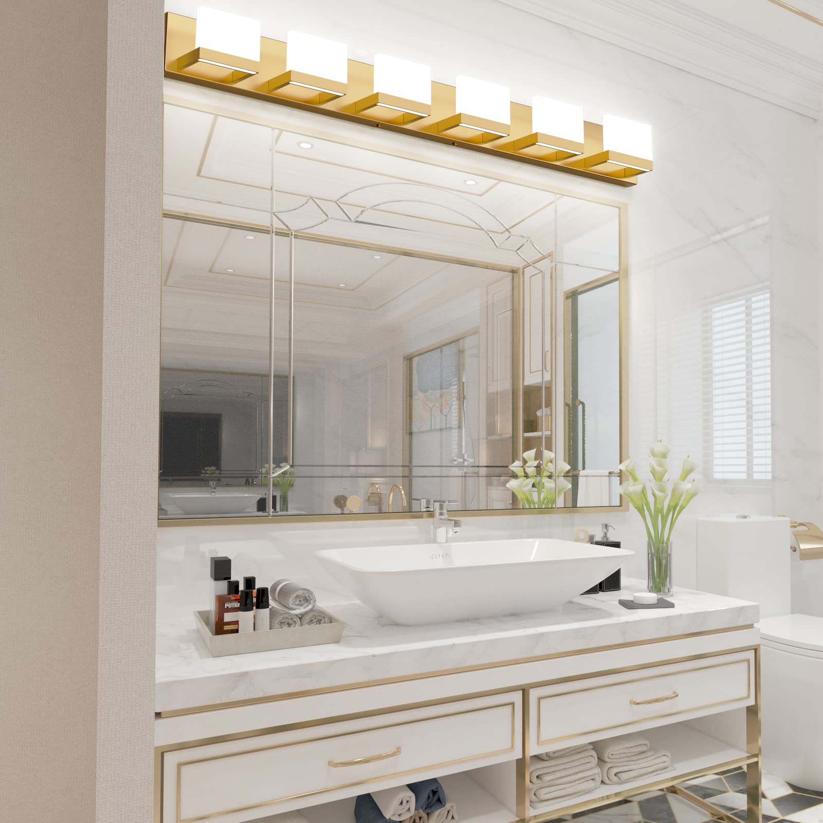 Tipace 6-Light Modern LED Bathroom Vanity Light Fixture - Gold Finish, 6000K Daylight White, Up & Down Lighting - Perfect for Bathroom Mirror Illumination, Makeup Vanity, and Modern Home Decor