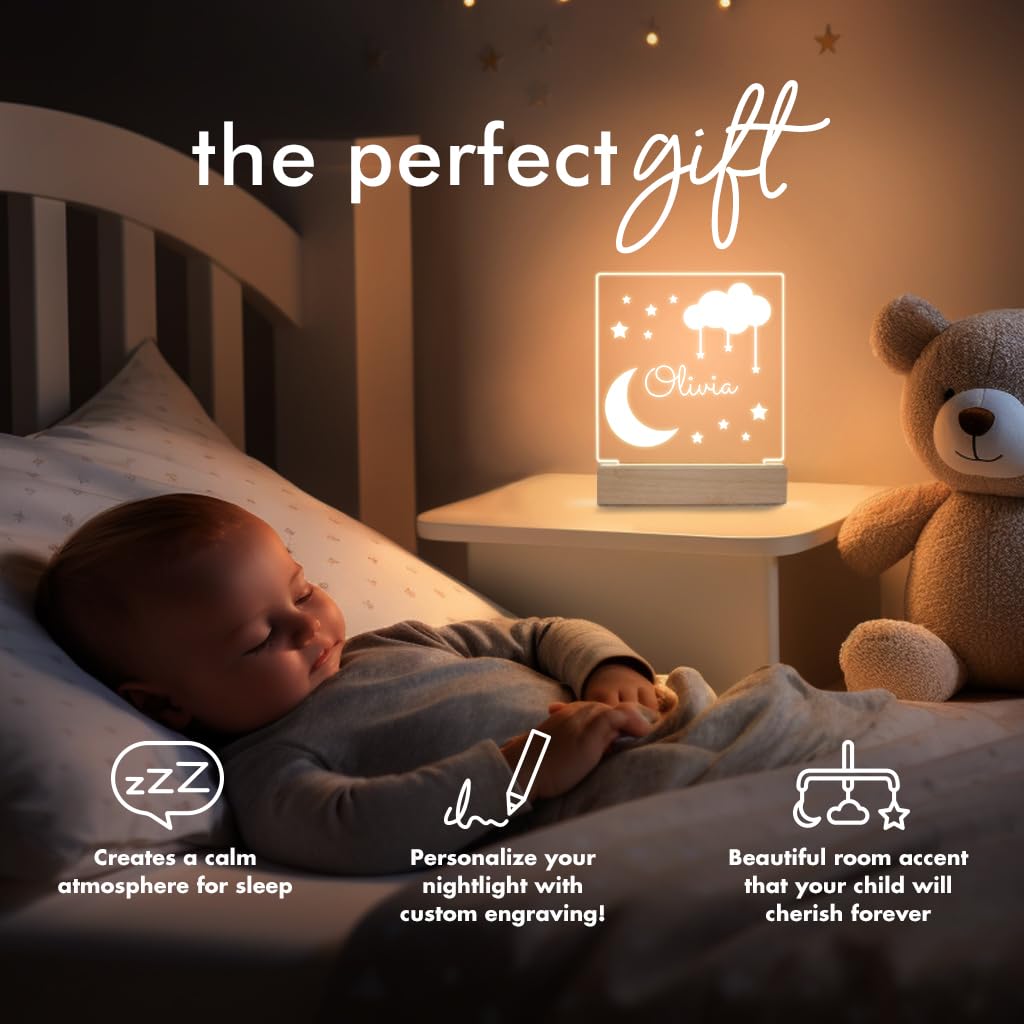 Personalized Night Light for Kids - Custom Moon and Stars LED Nightlight for Baby Boys & Girls Nursery, Bedroom Decor - Perfect for Bedtime, Soothing Sleep Aid and Nursery Room Lighting