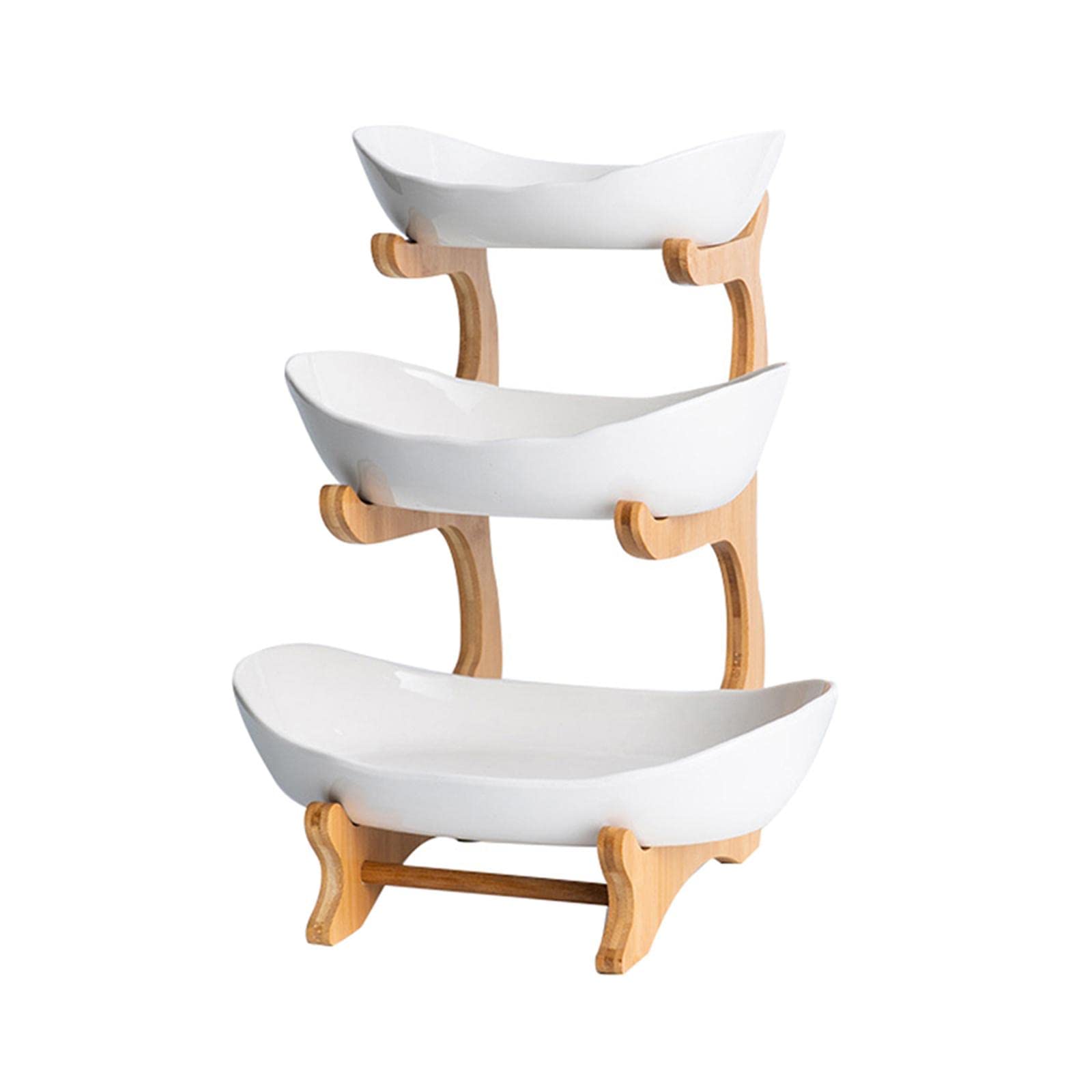 Gazechimp 3-Tier Ceramic Fruit Basket Bowl Set with Wooden Stand - Kitchen Countertop & Dining Table Organizer for Fruits, Vegetables, Snacks - Perfect for Home Decor, Party Serving & Pantry Storage (White)