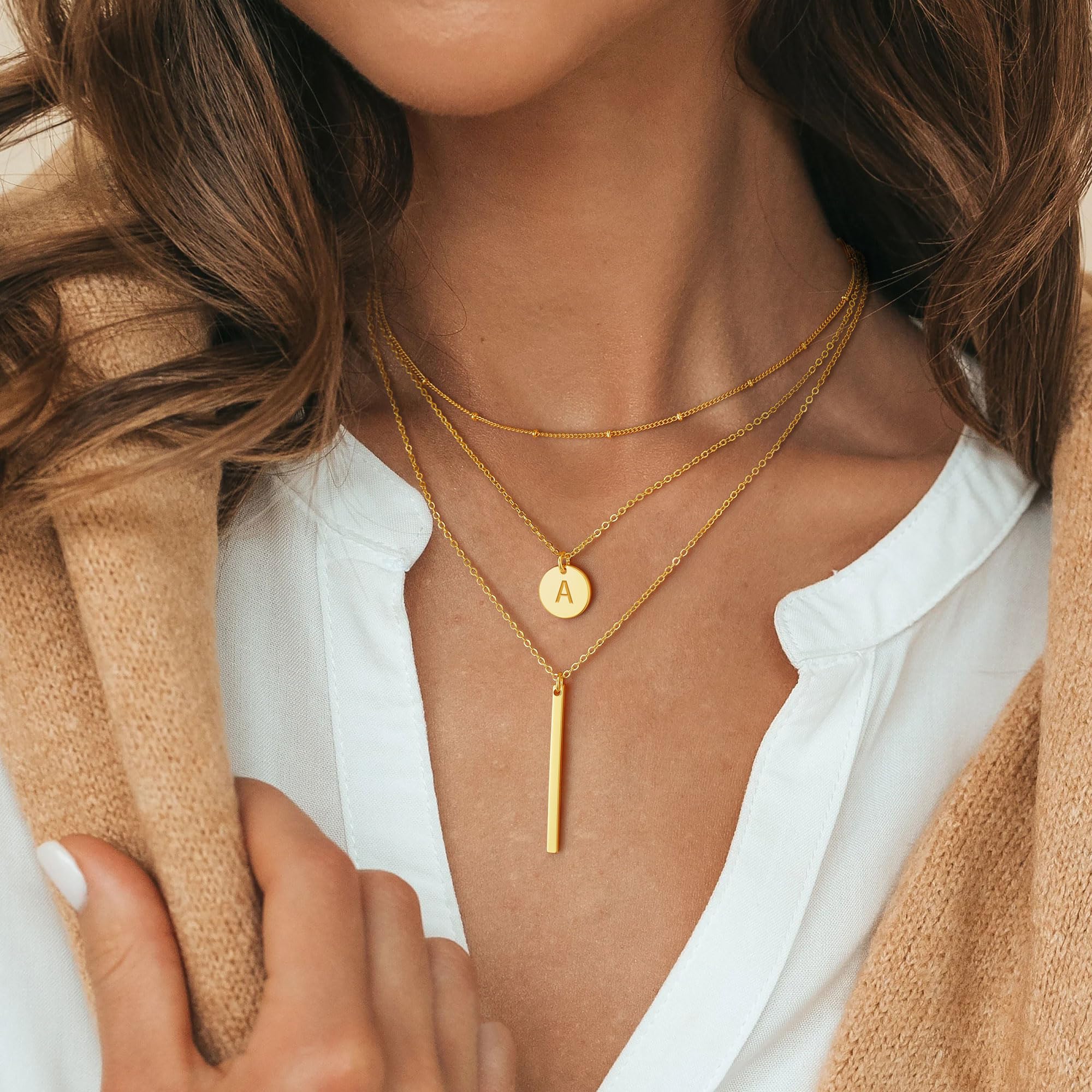 14K Gold Plated Initial Layered Necklace for Women - Personalized Letter Coin Bar Stackable Y-Necklace Jewelry | Perfect for Everyday Wear, Gift Giving & Special Occasions
