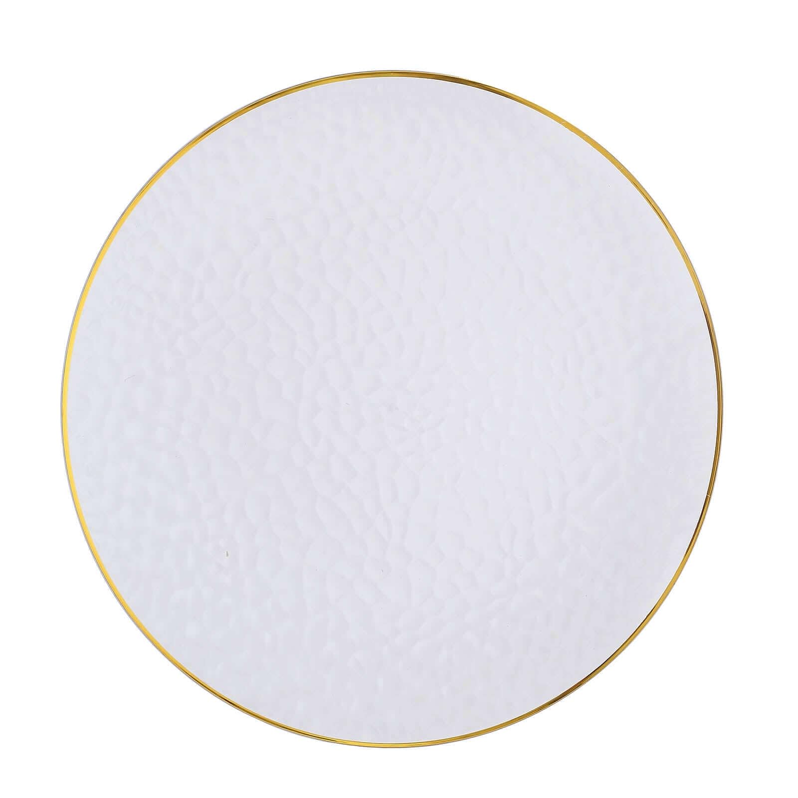 Efavormart 6 Pack 13 Inch Clear Gold Rim Hammered Plastic Charger Plates - Round Disposable Serving Plates for Weddings, Parties, and Events