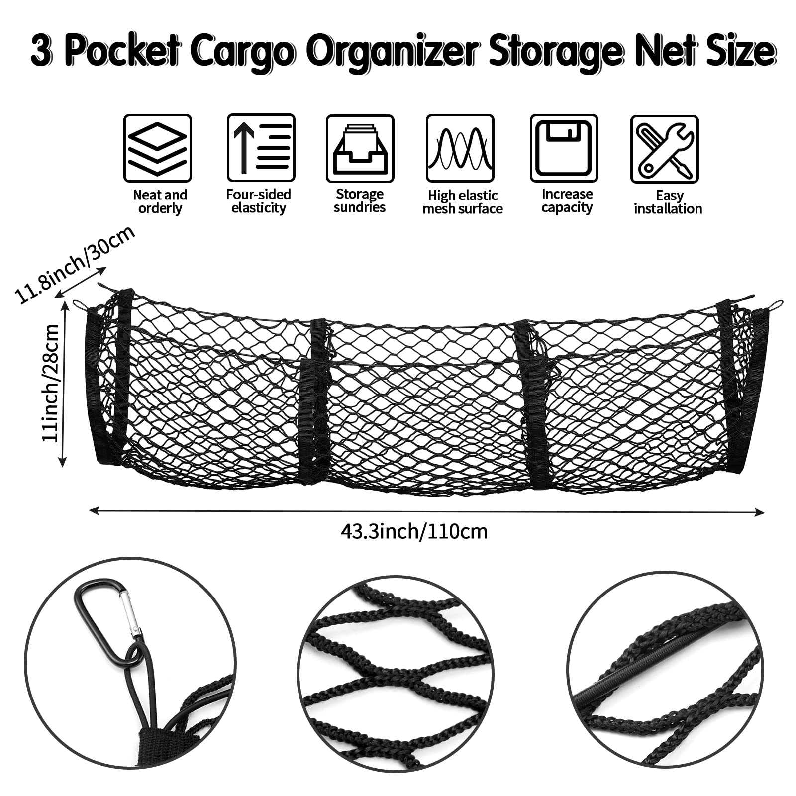 Tallew 3-Pocket Stretchable Cargo Net Trunk Organizer with Hooks & Buttonholes - Black Mesh Grocery Storage Bag for Pickup Trucks & SUV Beds (43.3 x 15.7 Inches) - Perfect for Road Trips, Camping & Daily Errands