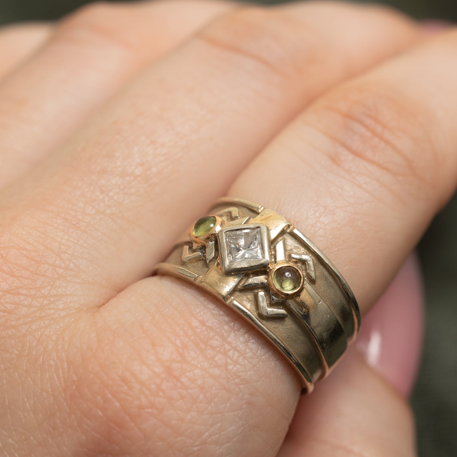 Bezel Set Diamond & Peridot Cigar Band Ring - 0.37ct Diamond, 0.24ctw Peridot - Size 8.5 - Elegant Wedding Band, Anniversary Gift for Her, Unique Statement Jewelry for Special Occasions