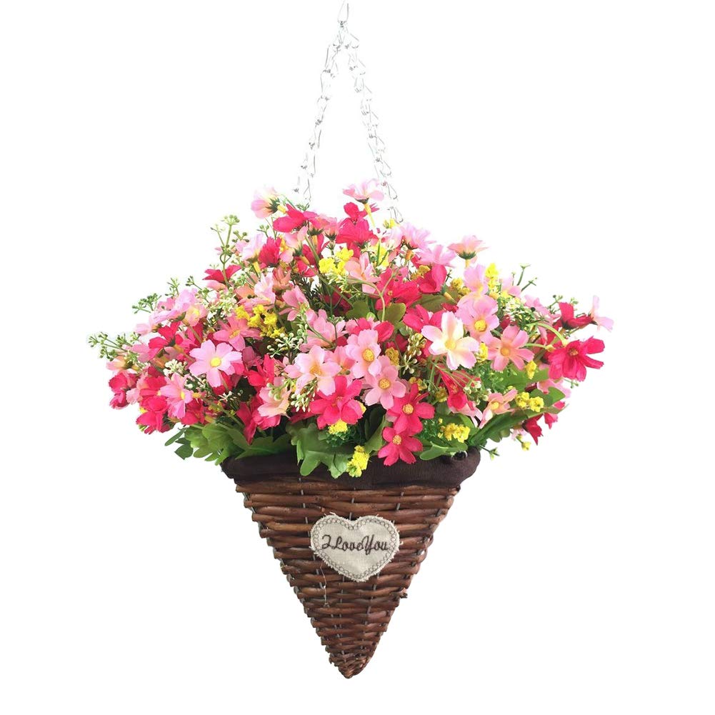 Lopkey Artificial Daisy Flower Hanging Planter Basket with Coco Liner - Decorative Courtyard Hanging Flower Pot with Chain for Porch, Lawn, Patio, Garden, Deck - Perfect for Outdoor Decor, Wedding Decorations, and Home Gardening