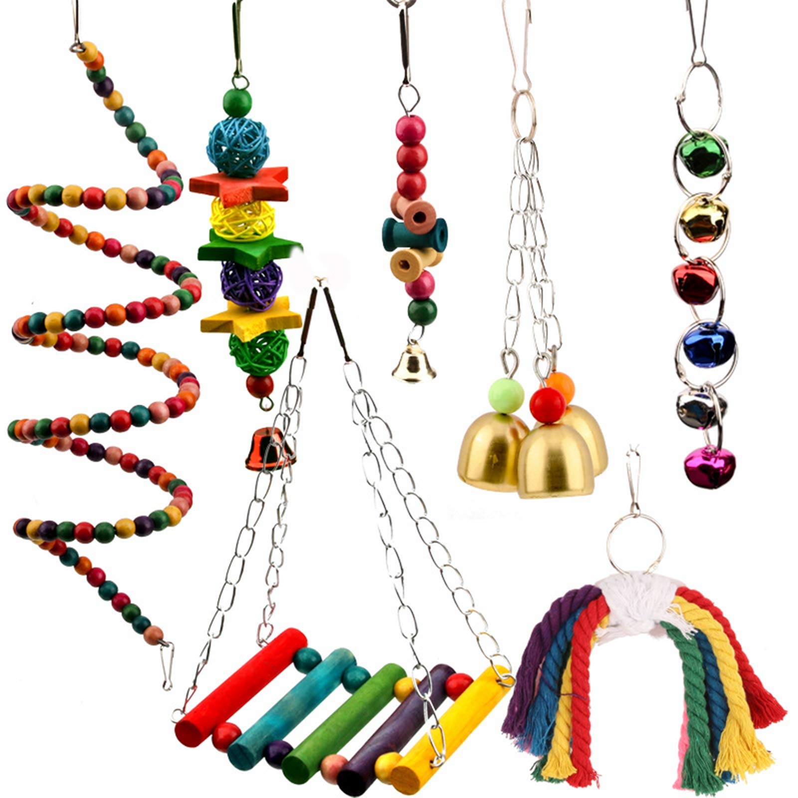 7pcs Bird Chew Toys for Small Parrots - Cage Accessories, Rope, Swing & Climbing Stand for Parakeets, Cockatiels, Budgies, Conures, Macaws, Lovebirds - Perfect for Playtime & Exercise in Bird Cages