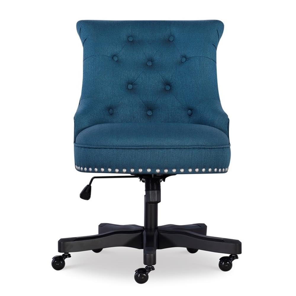 Linon Sinclair Wood Upholstered Office Chair - Ergonomic Blue Desk Chair for Home & Office Workspace, Comfortable Computer Task Chair with Adjustable Height for Long Hours Sitting