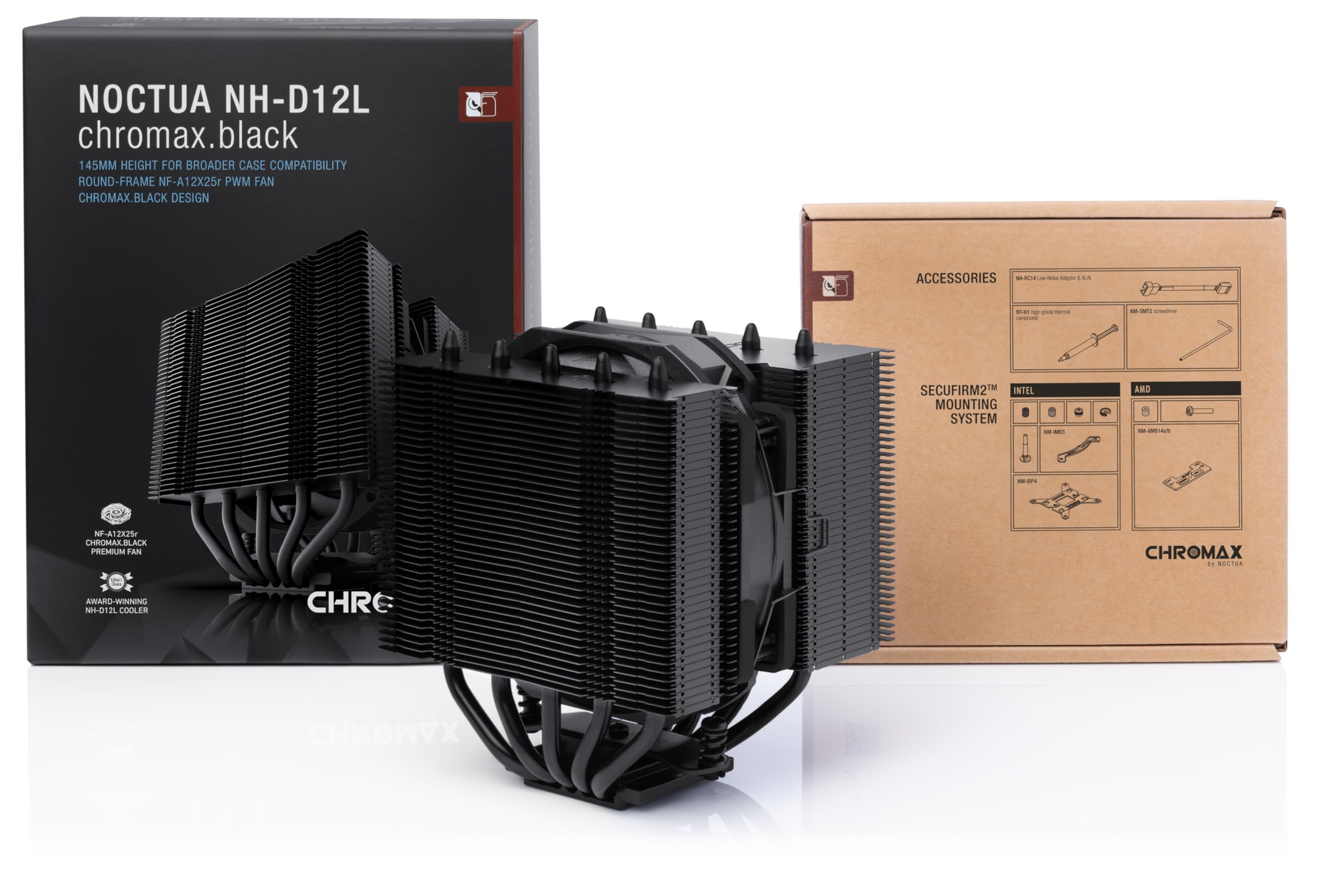 Noctua NH-D12L chromax.Black Low-Profile Dual-Tower CPU Cooler - 120mm Premium Black Heatsink for Quiet PC Cooling | Perfect for Gaming Rigs, Workstations & Compact Builds