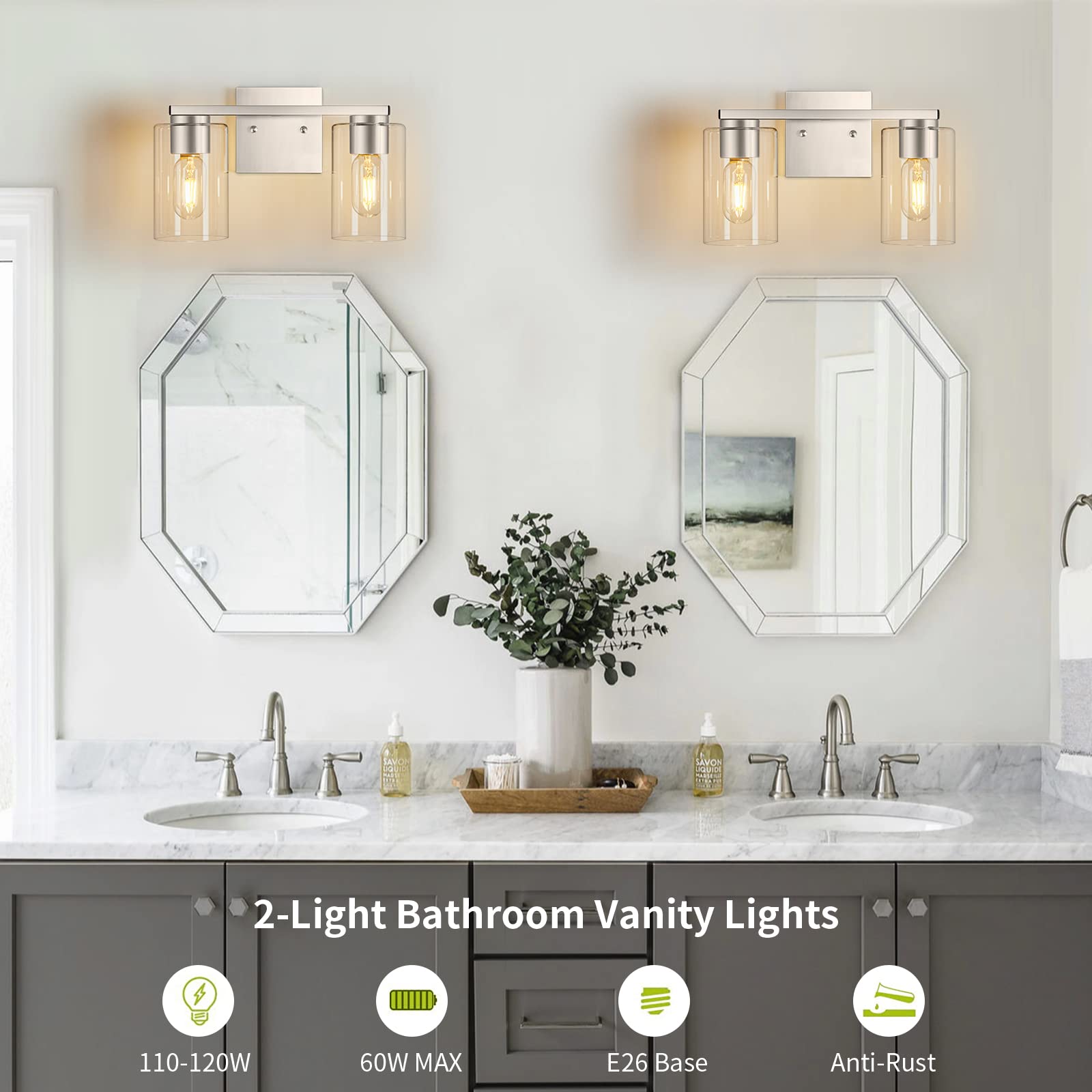 Brushed Nickel 2-Light Vanity Fixture - Modern Bathroom Wall Light with Clear Glass Shade for Mirror, Bedroom & Living Room | Dimmable LED Lighting for Makeup Vanity, Dresser & Hallway Decor