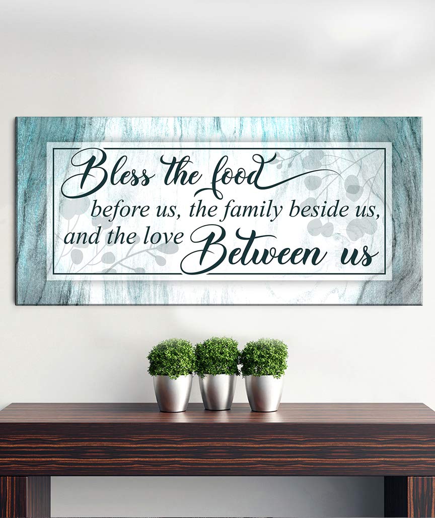 Bless The Food Sign - Christian Wall Decor for Dining Room & Kitchen - Large Canvas Wall Art with Floating Frame - Perfect for Family Home Decor (Grey/Teal/Black, 60x27) - Ideal for Farmhouse, Rustic & Modern Interior Design