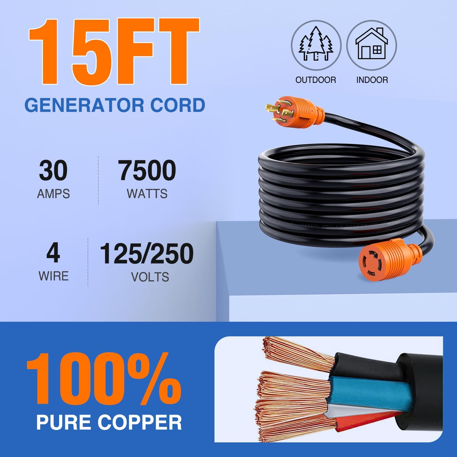 30 Amp 15FT Heavy Duty Generator Extension Cord - NEMA L5-30P to L5-30R - Perfect for RV, Camping, Home Backup Power & Outdoor Use