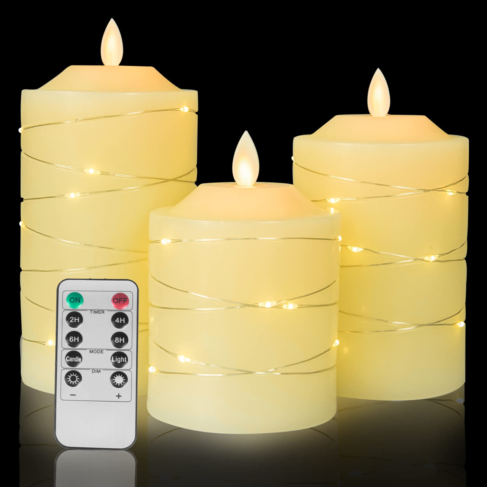 Flameless Battery Operated LED Candles with Embedded String Lights - 3 Pack Flickering Electric Candles with 10-Key Remote Control - Perfect for Christmas, Halloween, Weddings & Home Decor (Batteries Not Included)