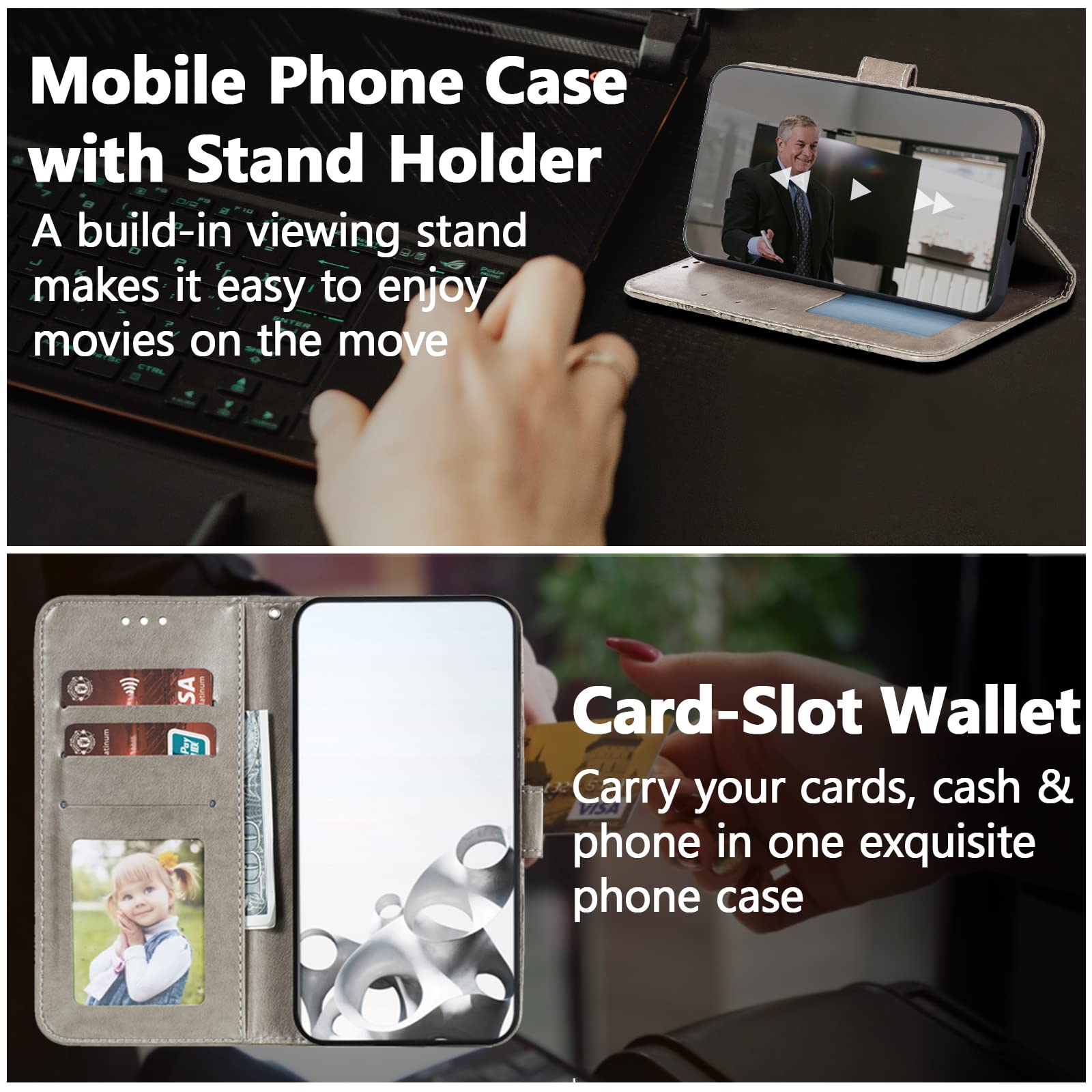Premium Leather Mandala Flip Wallet Case for iPhone SE/7/8 - Slim Magnetic Stand Cover with Card Slots & Lanyard (Gray) | Perfect for Travel, Work & Everyday Protection
