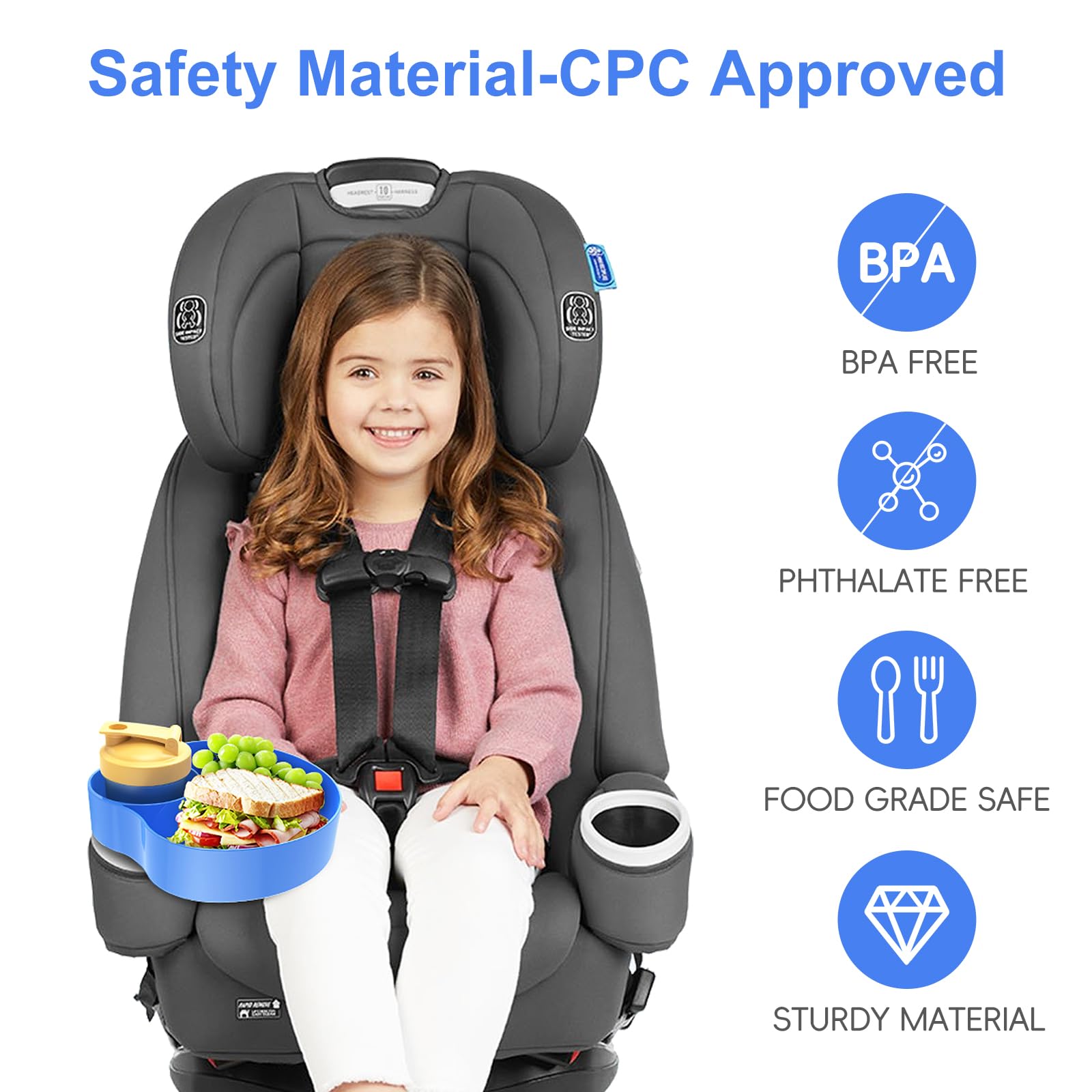 **Kids Car Seat Travel Tray with 2 Cup Holders - Portable Snack Tray for Toddlers, Baby Stroller & Road Trips - Blue | Durable & Spill-Proof for Eating, Play & Travel Essentials**