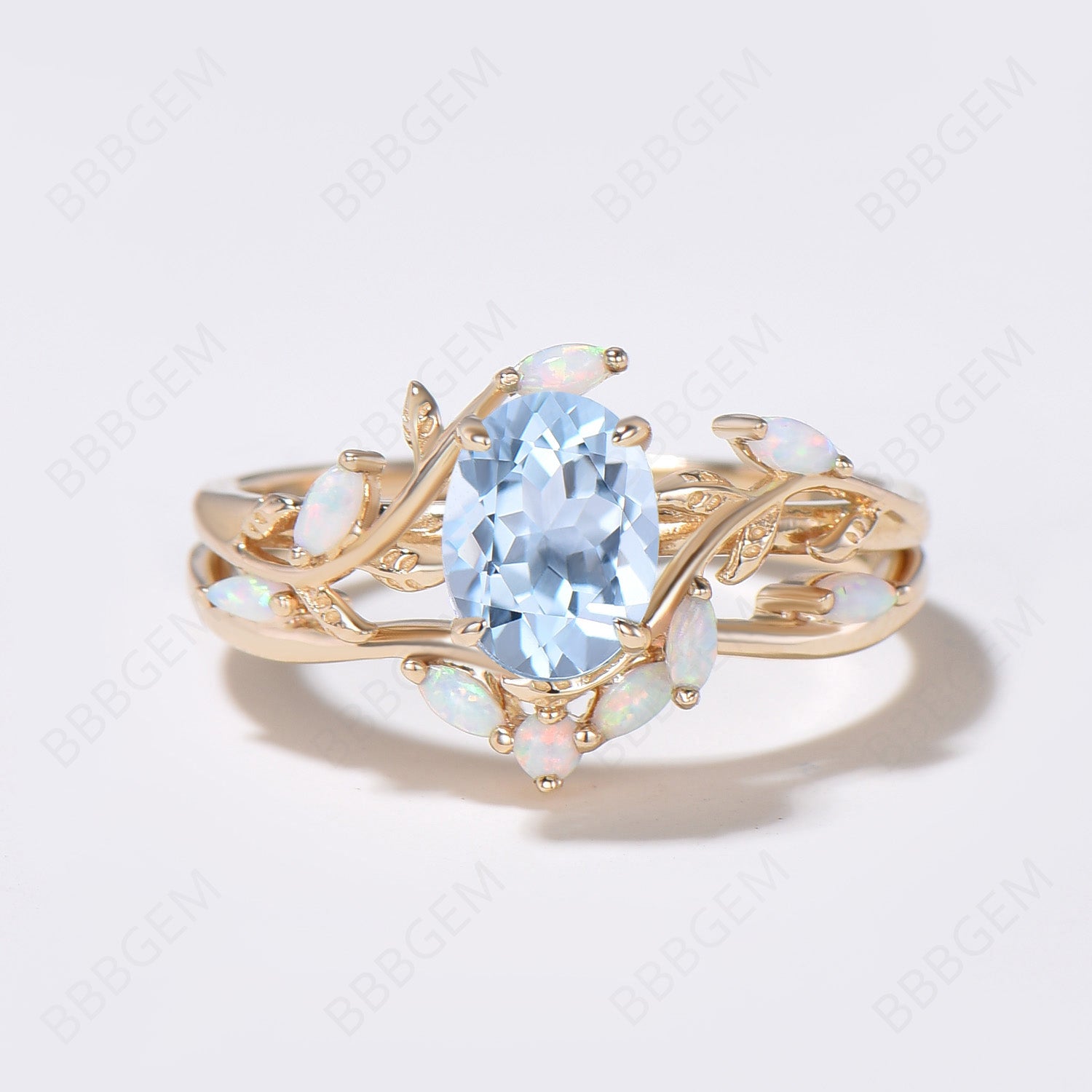 Twig Vine Aquamarine Opal Engagement Ring - Nature Inspired Wedding Band for Women, Dainty Leaf Design Jewelry Gift for Bride, Anniversary & Proposal - Perfect for Outdoor & Boho Weddings
