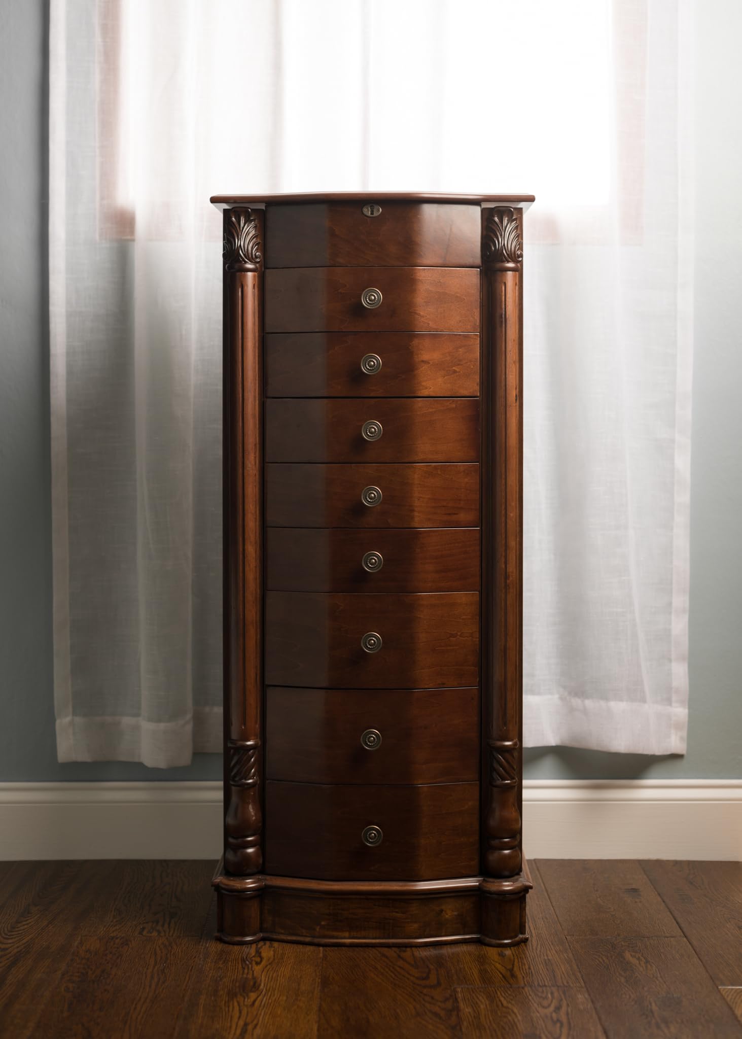 Florence Jewelry Armoire - Honey & Walnut Jewelry Storage Organizer with Mirror for Necklaces, Rings & Bracelets - Perfect for Bedroom, Closet & Travel