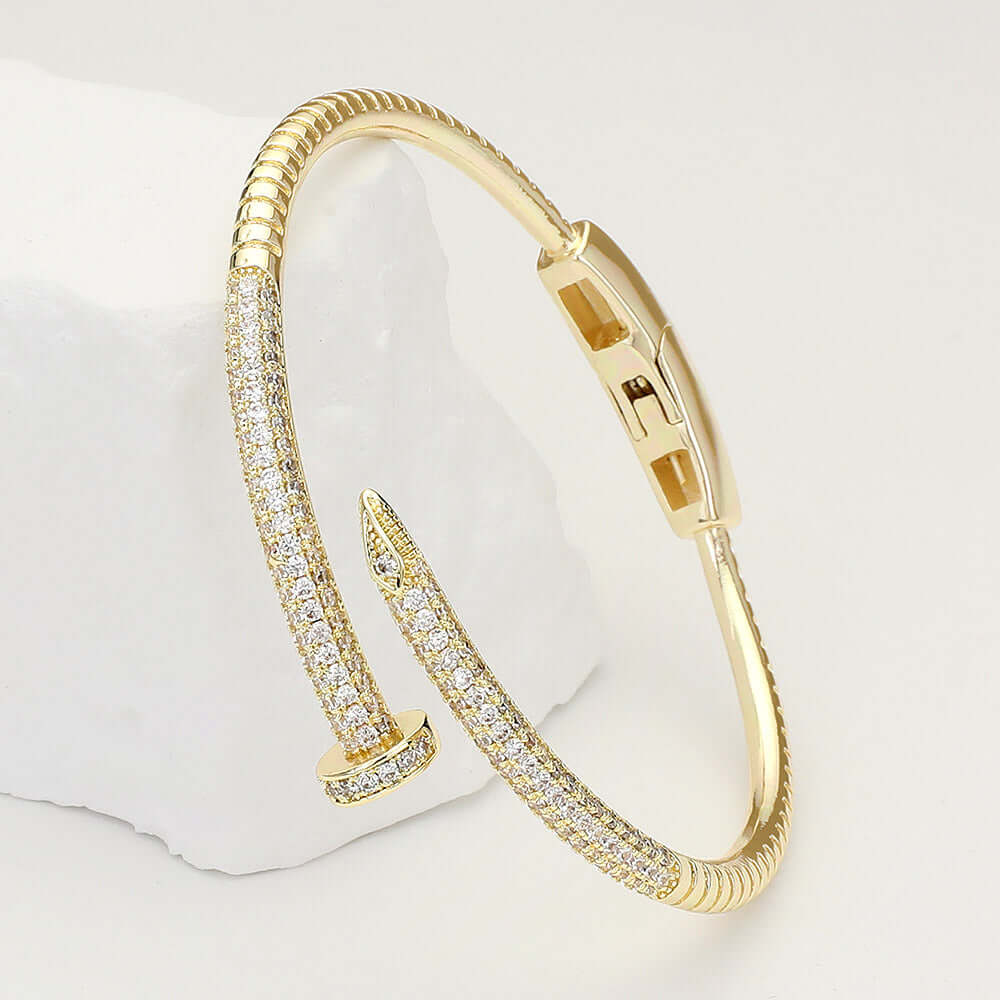 Gold CZ Stone Hinged Bangle Bracelet for Women - Elegant Cubic Zirconia Paved Jewelry for Parties, Weddings & Special Occasions