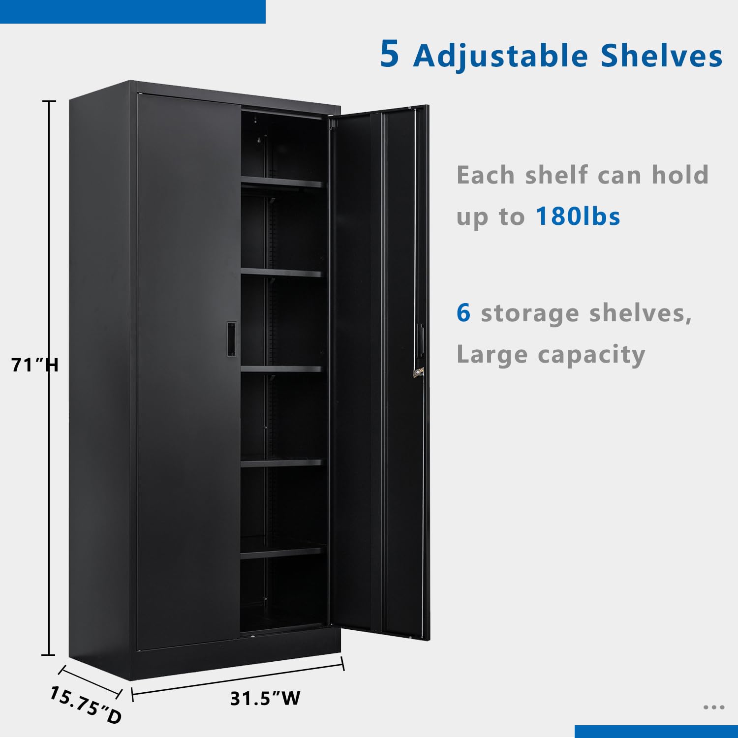 Heavy Duty Metal Storage Cabinet with Locking Doors & 5 Adjustable Shelves - Black Garage Cabinet for Office, Classroom, Warehouse Organization - Perfect for Tool Storage, School Supplies & Industrial Use