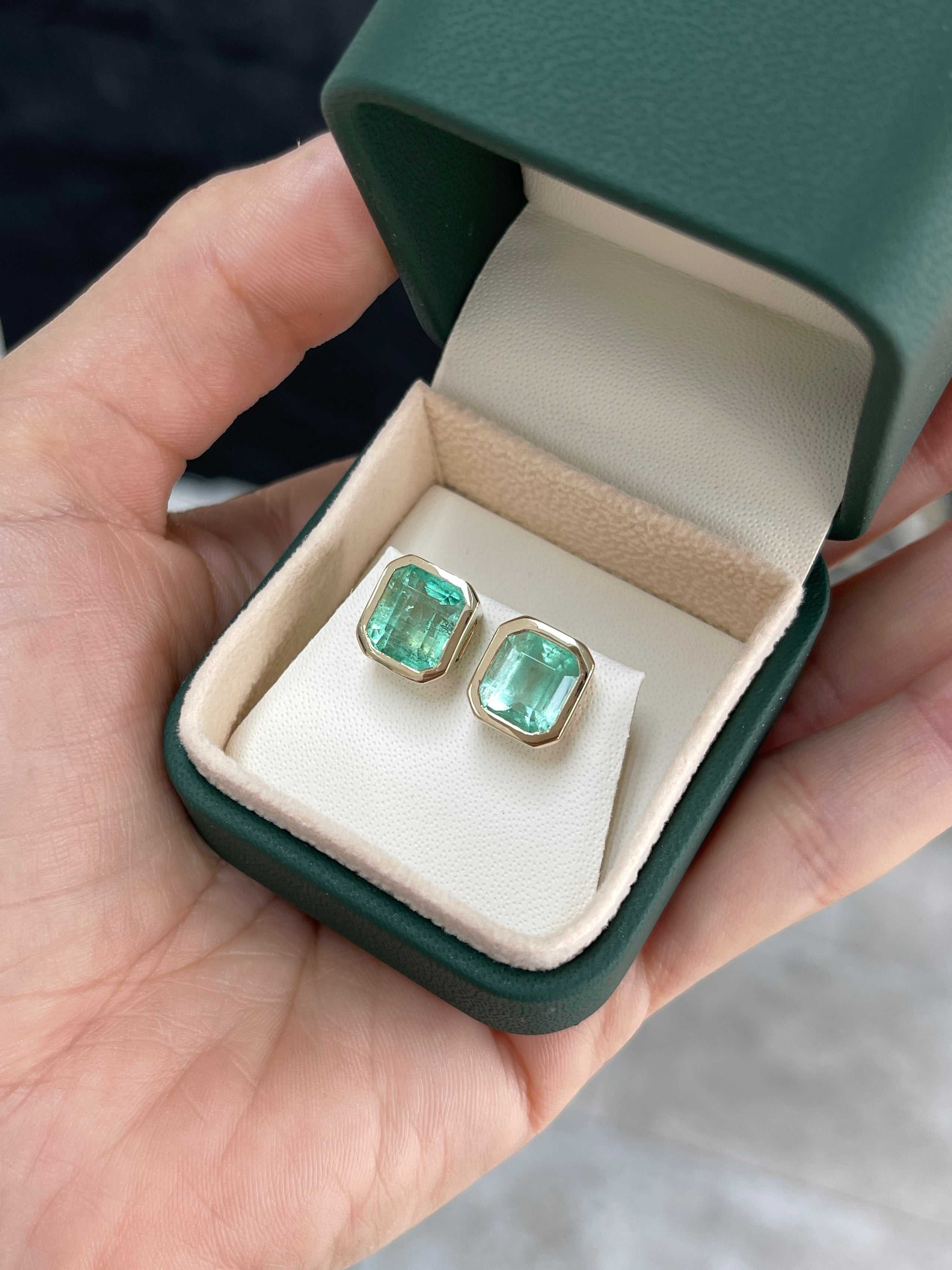 6.80tcw Bezel Set Natural Colombian Emerald Stud Earrings for Women – Elegant Green Gemstone Jewelry for Parties, Weddings & Special Occasions