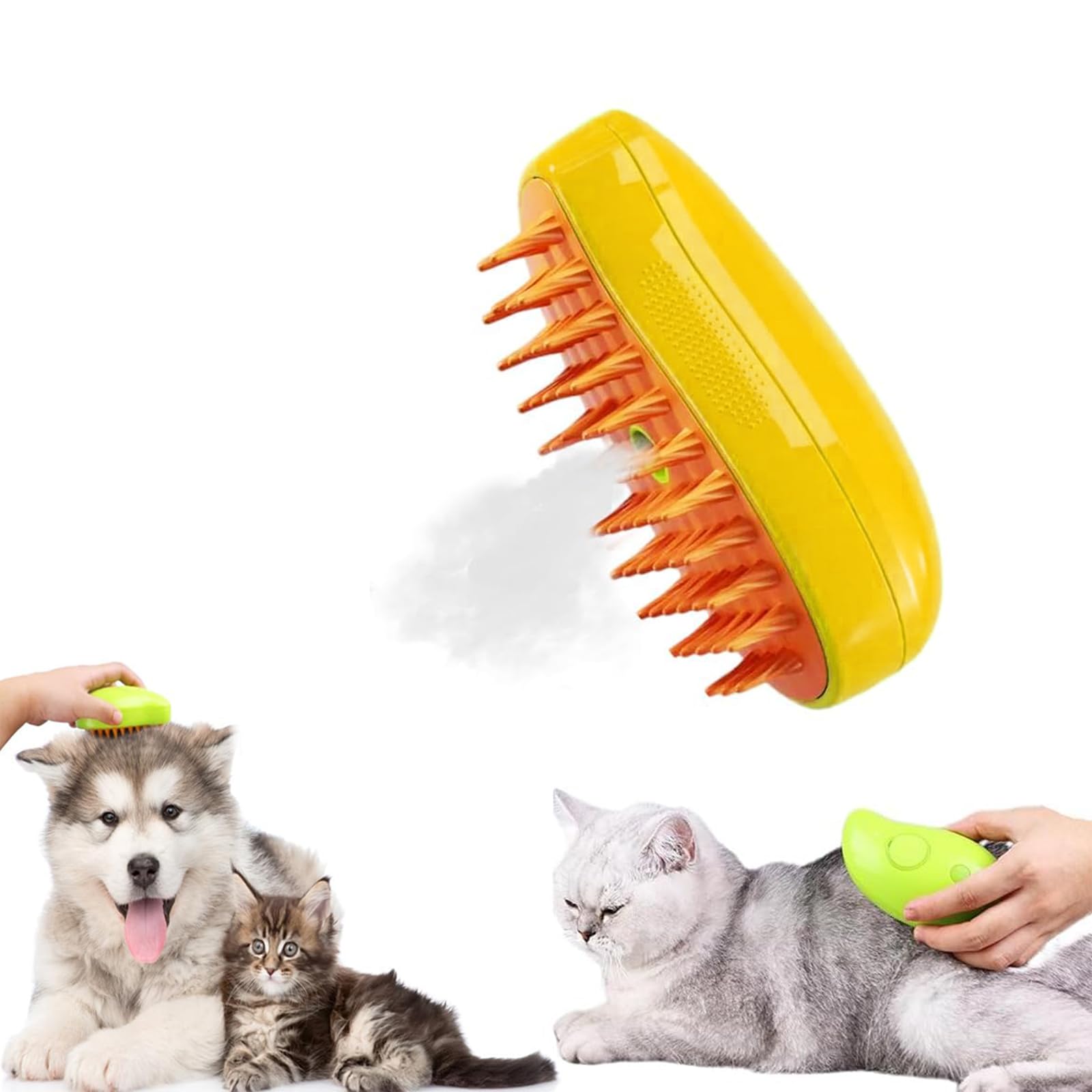 Steamy Cat Brush 3 in 1 - Pet Grooming Brush for Cats & Dogs with Massage Function | Removes Tangled & Loose Hair | Multifunctional Deshedding Tool for Pet Care (Yellow) | Perfect for Daily Grooming & Bonding Time