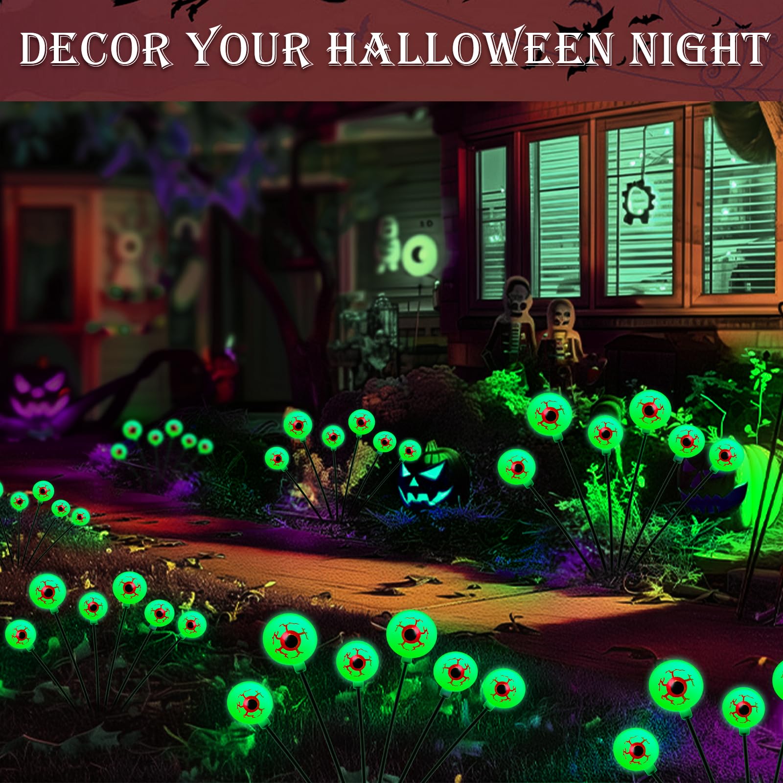 2 Packs 12LED Solar Halloween Decorations - Scary Bleeding Eyeball Swaying Firefly Lights, Waterproof Outdoor Garden Path Lights for Patio, Yard, Pathway, Walkway - Perfect for Halloween Party Decor & Spooky Outdoor Ambiance
