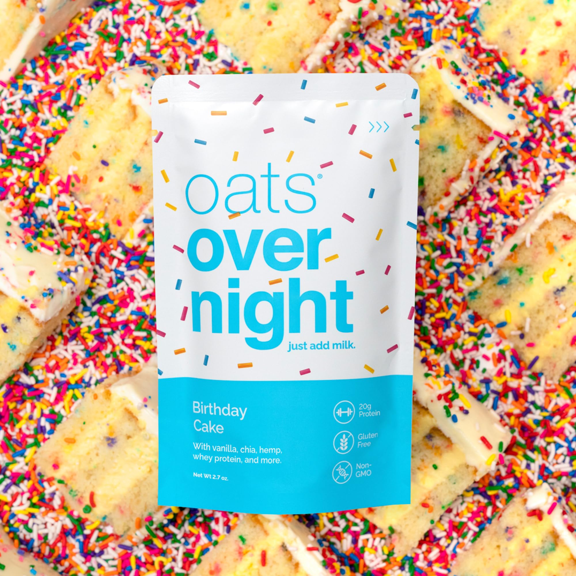 Oats Overnight Birthday Cake Protein Oatmeal - 20g Protein, 5g Fiber Gluten Free Non-GMO Breakfast Shake (8 Pack with BlenderBottle) - Perfect for Quick Morning Meals, Post-Workout Recovery & Healthy On-the-Go Snacking
