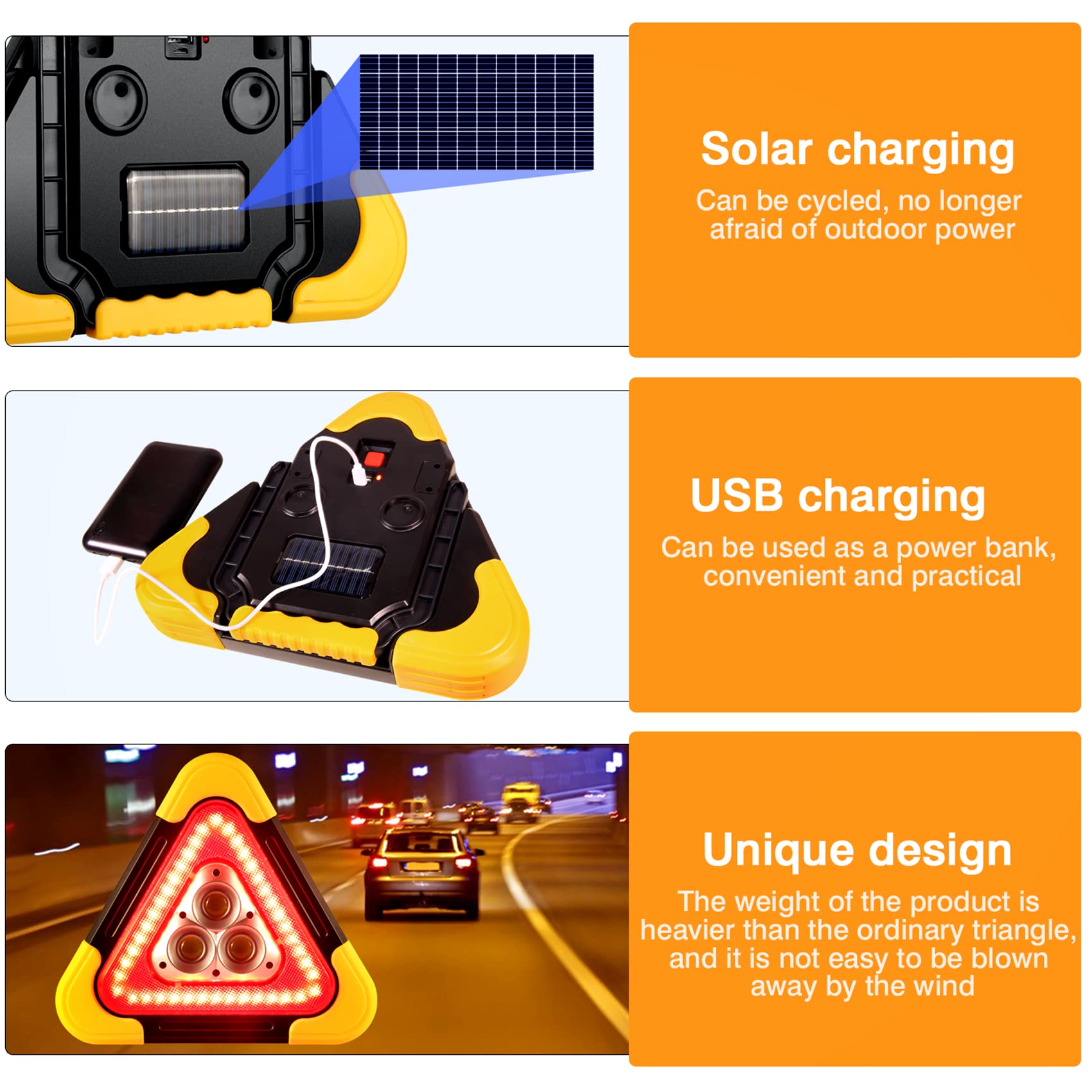 ENSHUI Solar Rechargeable LED Emergency Lights with Reflective Warning Triangles - Roadside Safety Kit for Car, Truck & Vehicle Breakdowns | Perfect for Nighttime Emergencies, Roadside Assistance & Hazard Visibility