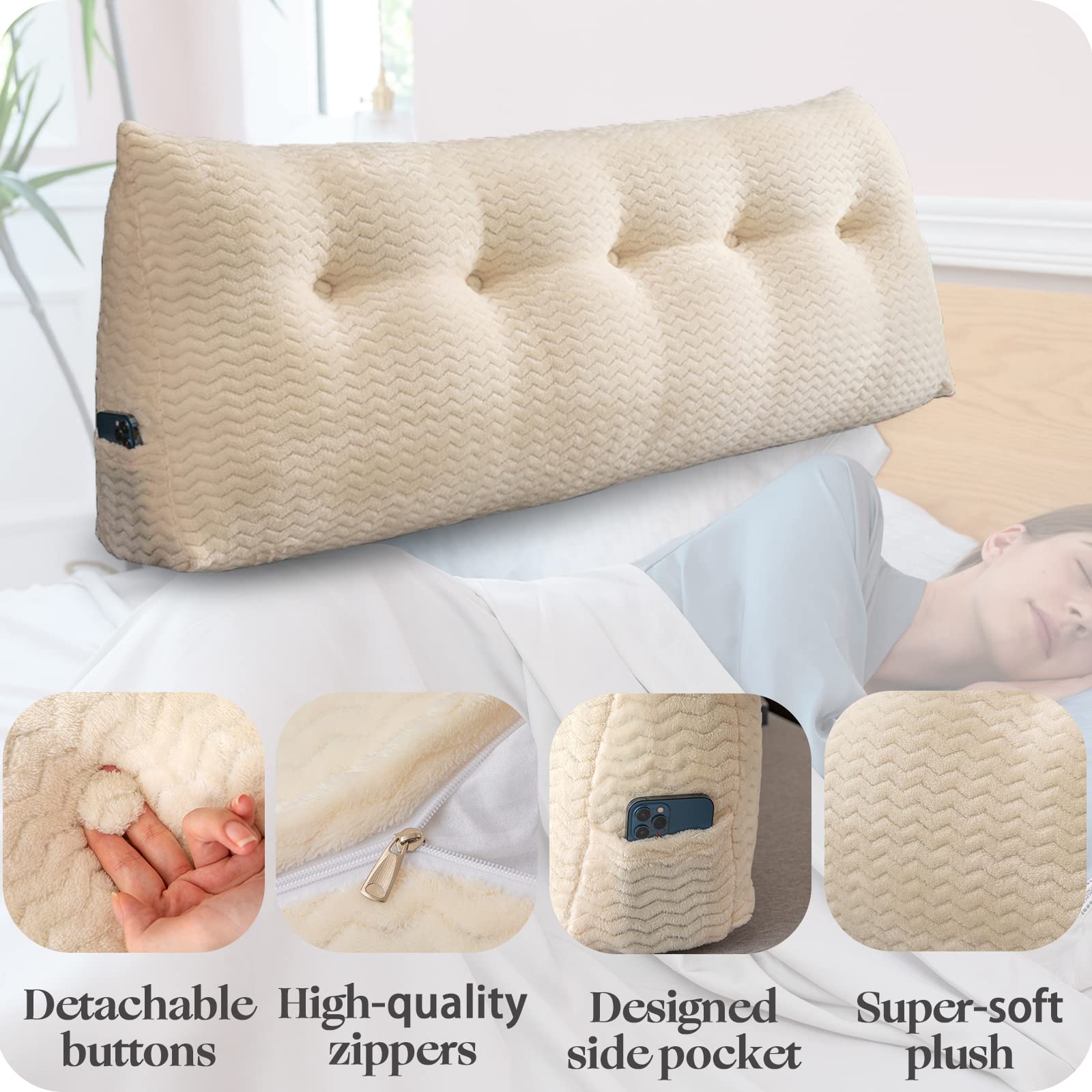 Large Triangular Headboard Wedge Pillow - Adjustable Backrest Support for Day Beds & Bunk Beds | Removable Cover | Perfect for Reading, Relaxing & Back Pain Relief