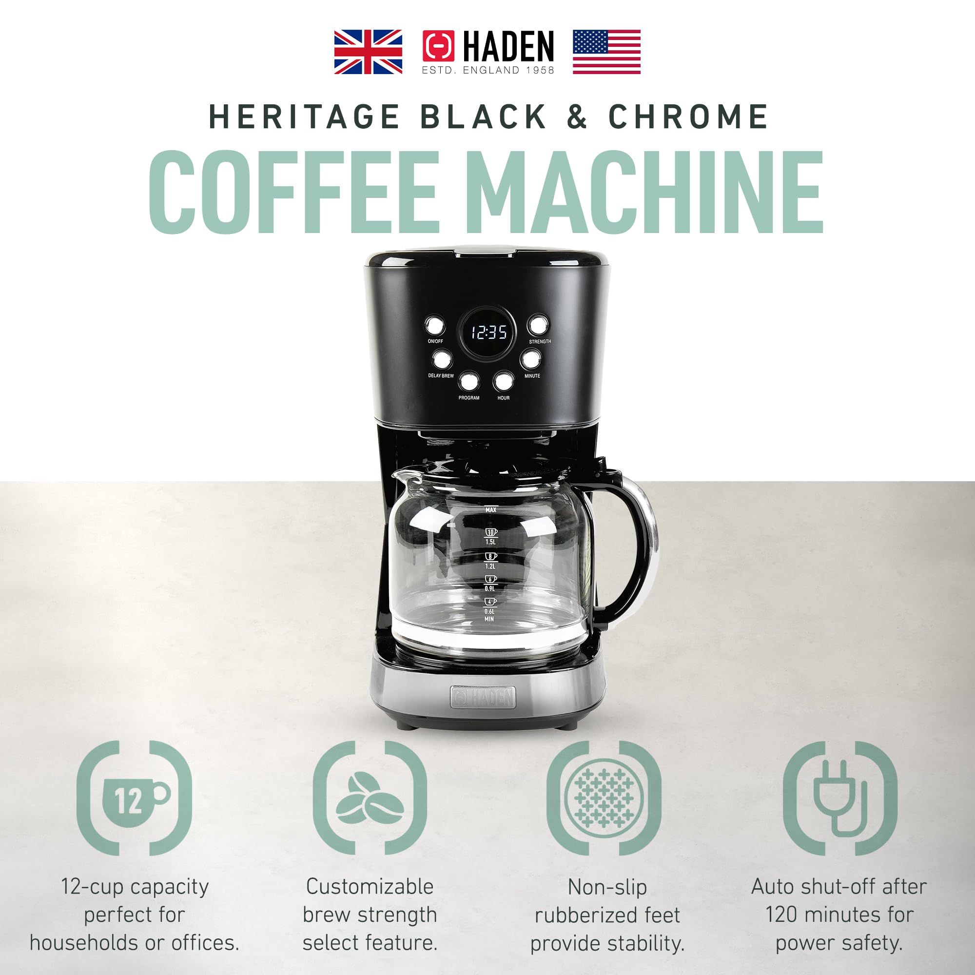 Haden 12 Cup Programmable Drip Coffee Maker with Auto Shut-Off & Reusable Filter - Black & Chrome - Perfect for Home, Office, and Restaurant Use