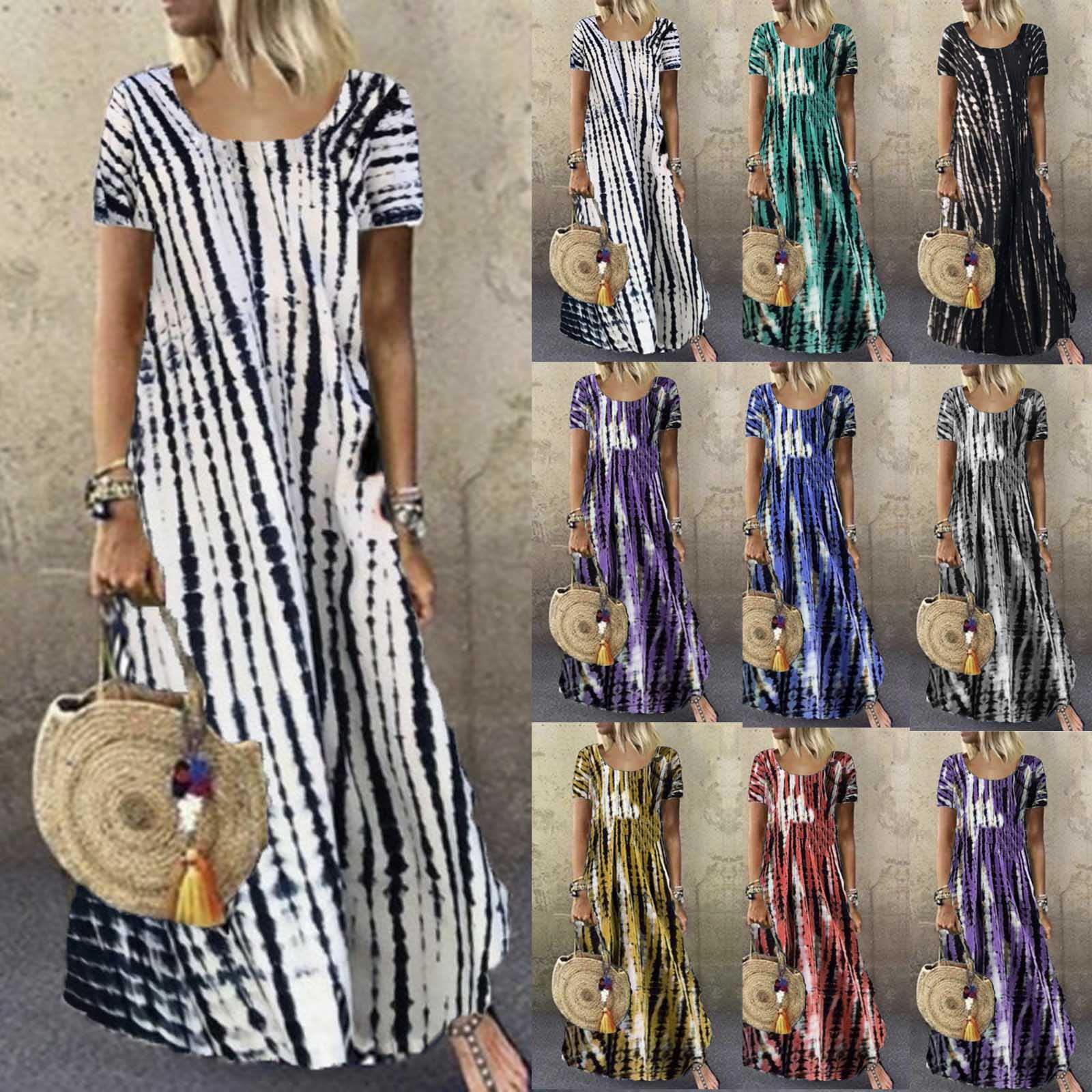 RKSTN Women's Tie-Dye Print Summer Maxi Dress 2024 - Short Sleeve Loose Fit Long Boho Beach Dress for Casual Wear, Vacations & Outdoor Events