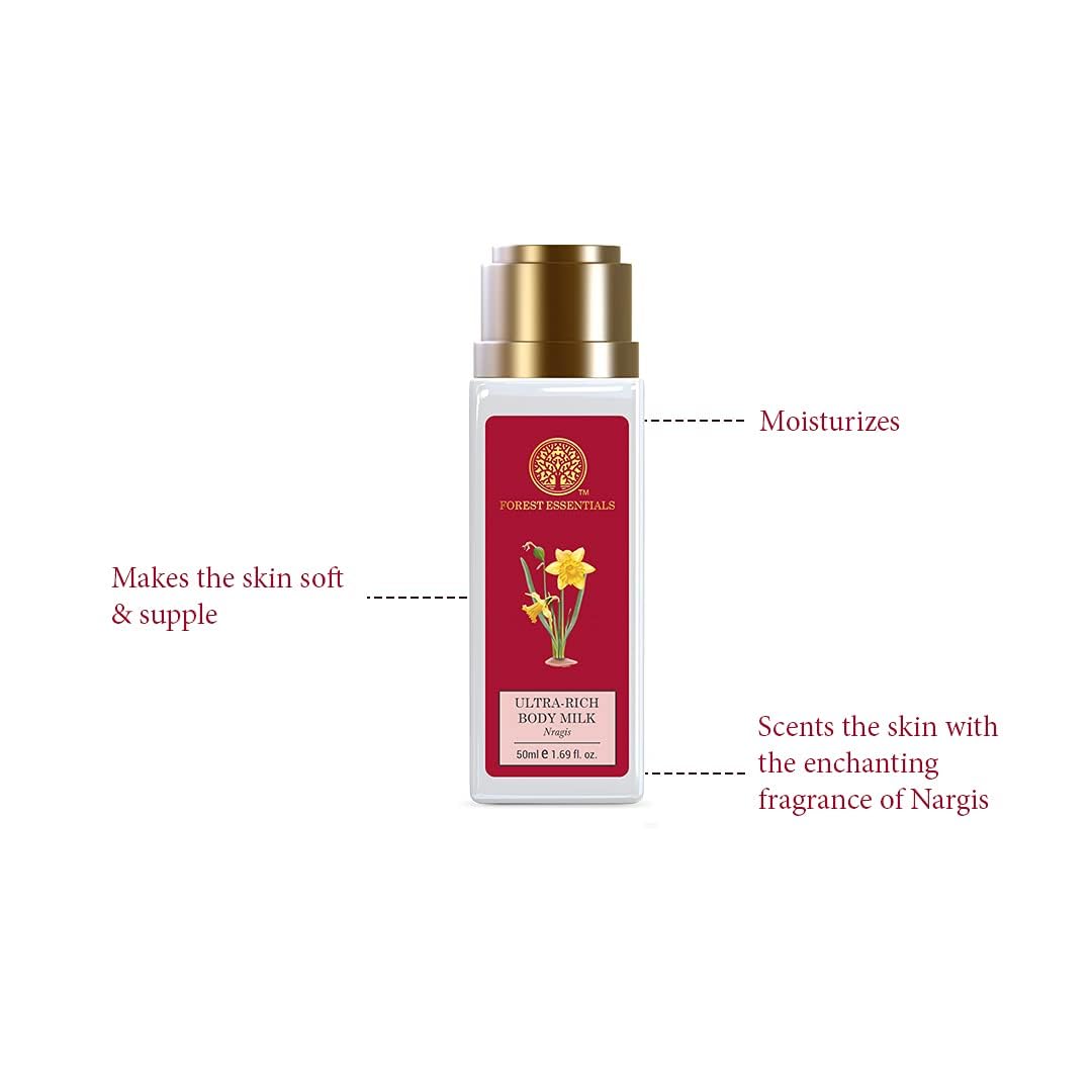 F.orest E.ssentials Travel Size Ultra-Rich Body Milk Nargis - Natural Ayurvedic Moisturizing Lotion for Dry Skin | Paraben-Free Hydrating Body Cream for Women & Men | 50ml | Perfect for On-the-Go Hydration & Post-Shower Skincare Routine