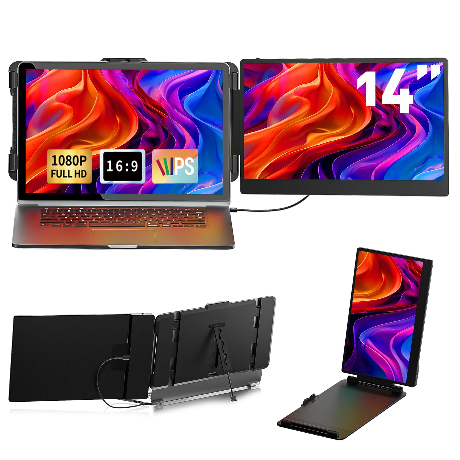 14 Inch IPS FHD 1080P Portable Laptop Monitor - HDMI/USB-A/Type-C External Screen for Windows, Mac & Android | Dual Display for Work, Gaming & Travel | Compatible with 13-17 Inch Laptops (Max Length 15.74