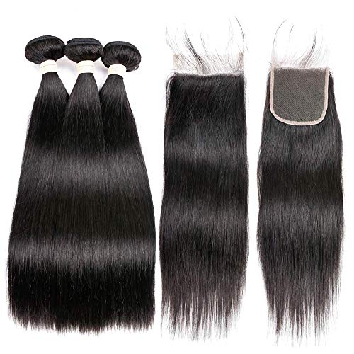 Perstar Brazilian Straight Hair Bundles with Lace Closure - 100% Unprocessed Virgin Human Hair (22