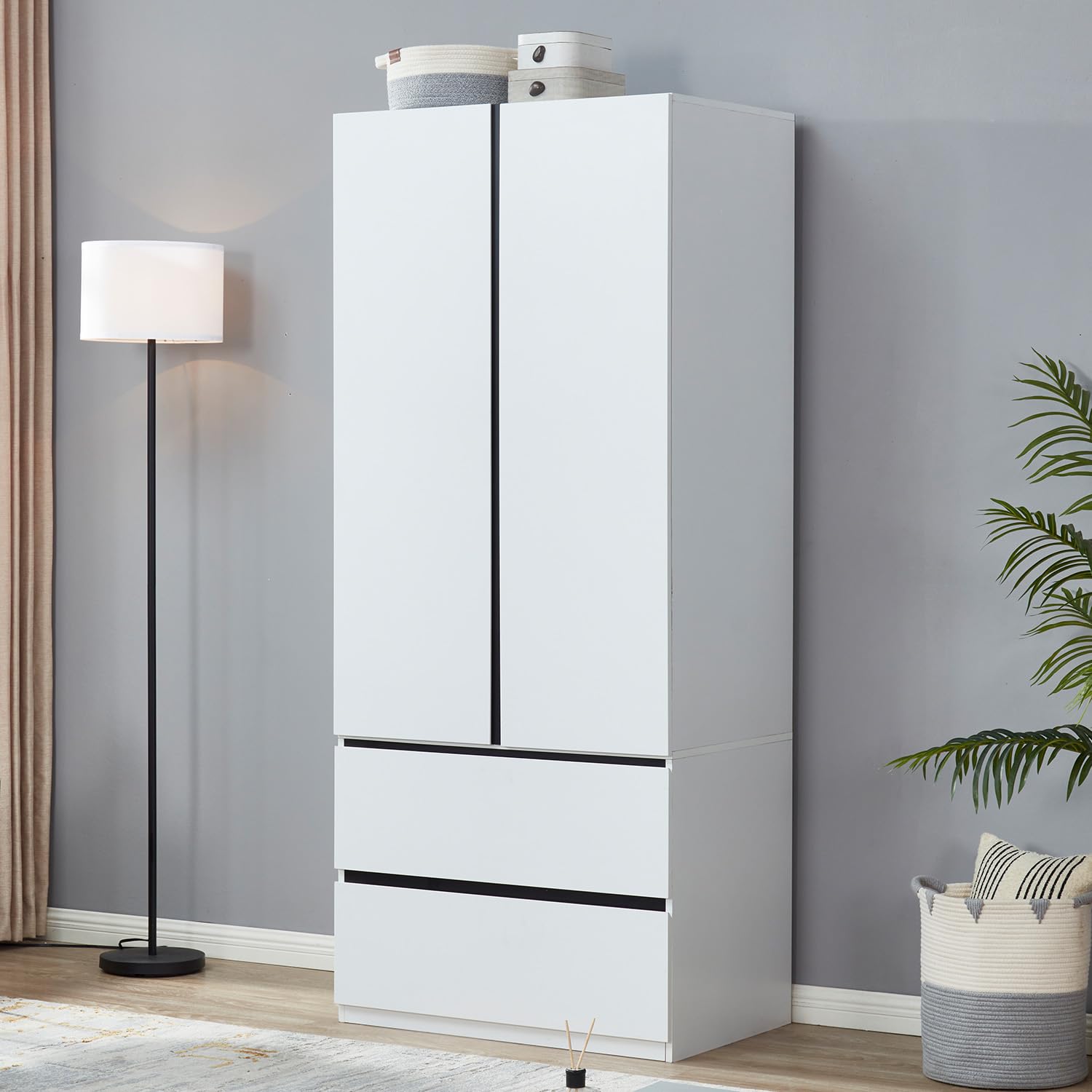 Sophshelter Wooden Wardrobe Armoire - 2 Door 2 Drawer White Closet Cabinet with Hanging Rod & Handles - Large Capacity Storage for Bedroom, Closet & Guest Room Organization