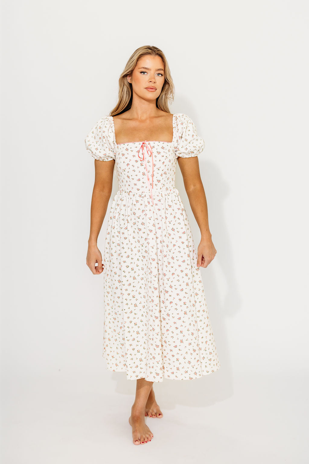 Charlotte Cotton Puff Sleeve Midi Dress - Cream Pink Floral Print Summer Dress for Women, Perfect for Beach Vacation, Garden Party & Date Night Outfits