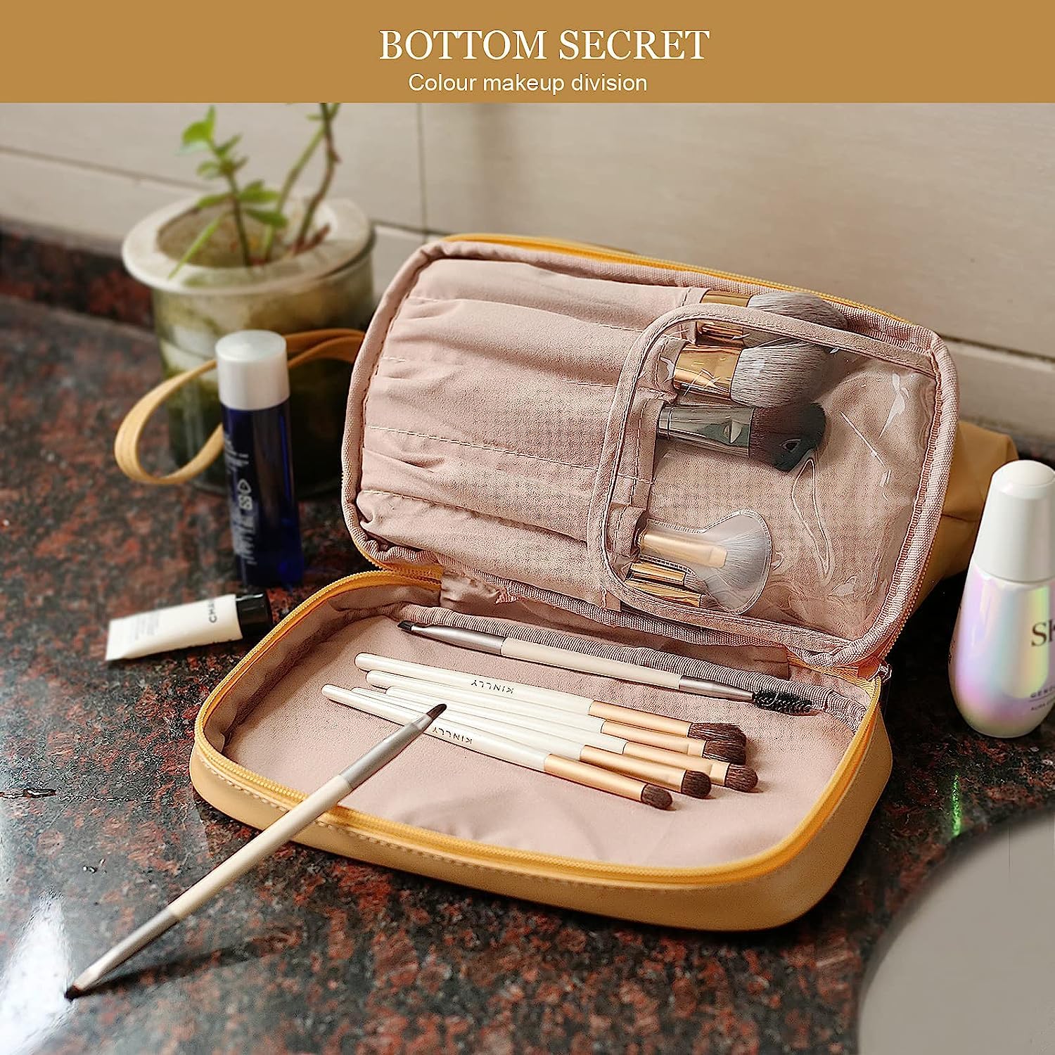BUYORY Leather Makeup Organizer for Women & Girls - 13cm Travel Cosmetic Bag with Large Zipper | Portable Leather Toiletry Case for Travel, Home, and Daily Use (Yellow)