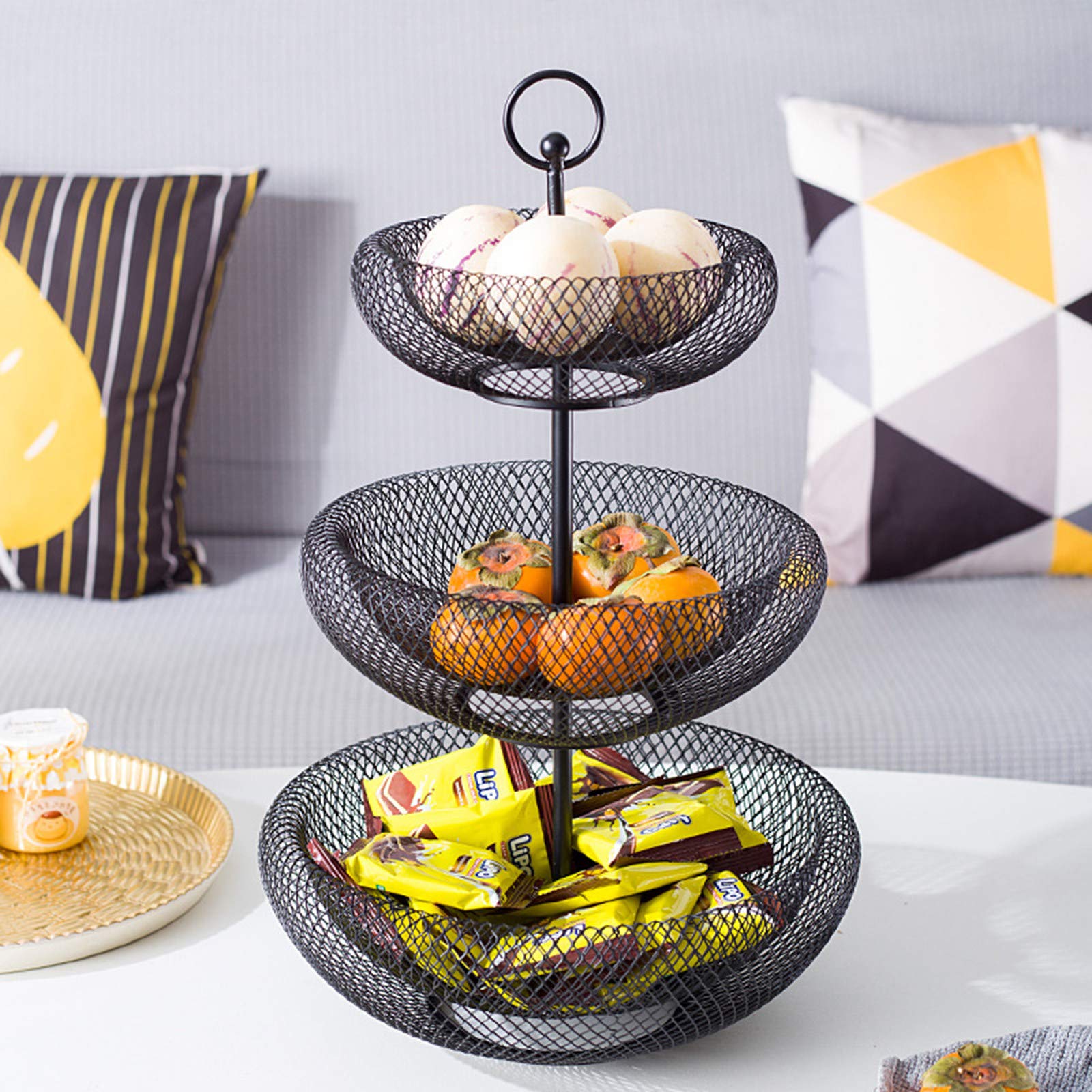 Modern 3-Tier Wire Fruit Bowl - Kitchen Counter Organizer for Fruits & Vegetables - Black/Gold - Perfect for Kitchen, Dining Room & Living Room Display