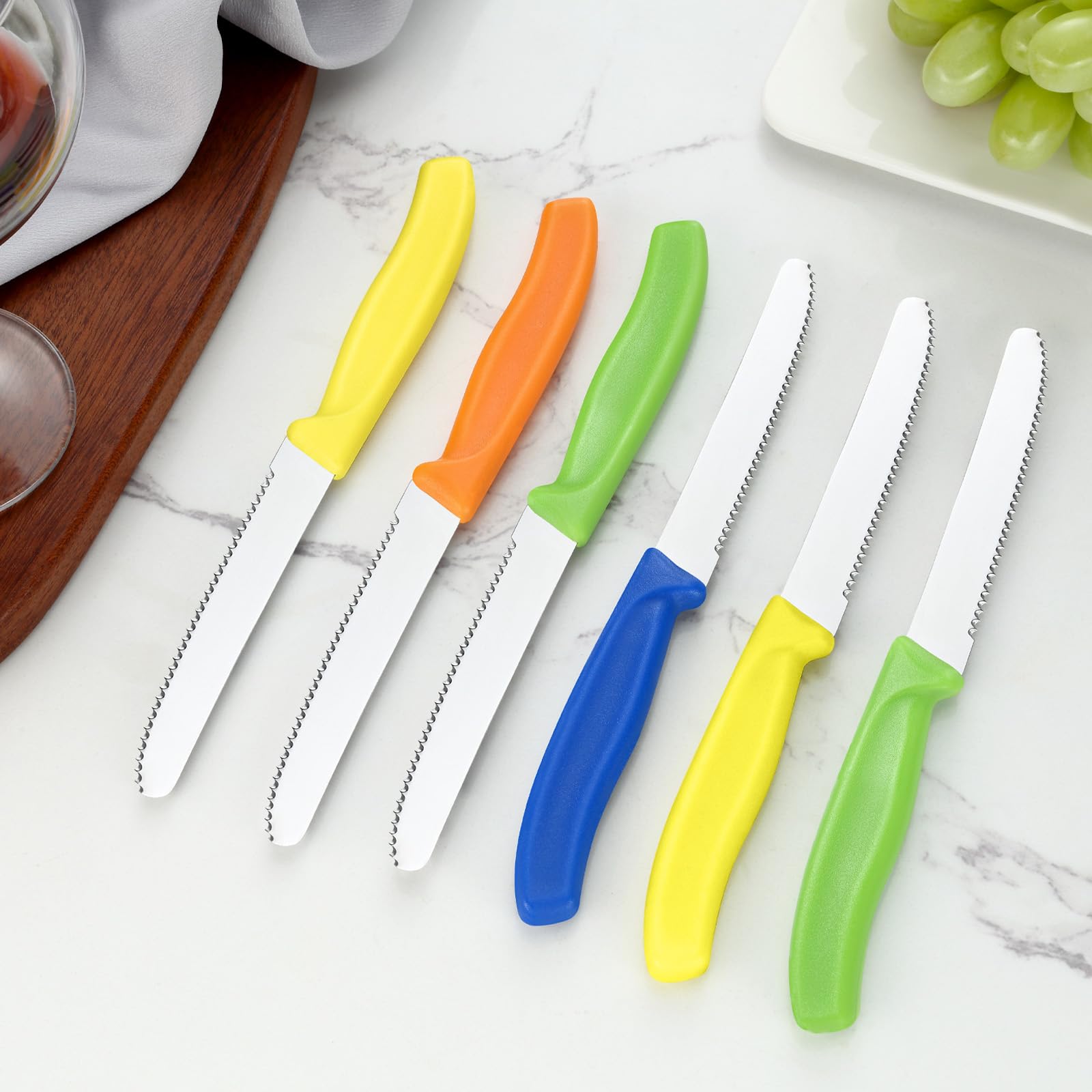 BEWOS 16-Piece Steak Knife Set - 4.4 Inch Serrated Stainless Steel Kitchen Knives with Round Head & Colorful Handles - Dishwasher Safe - Perfect for Steak Dinners, BBQs, and Restaurant Use