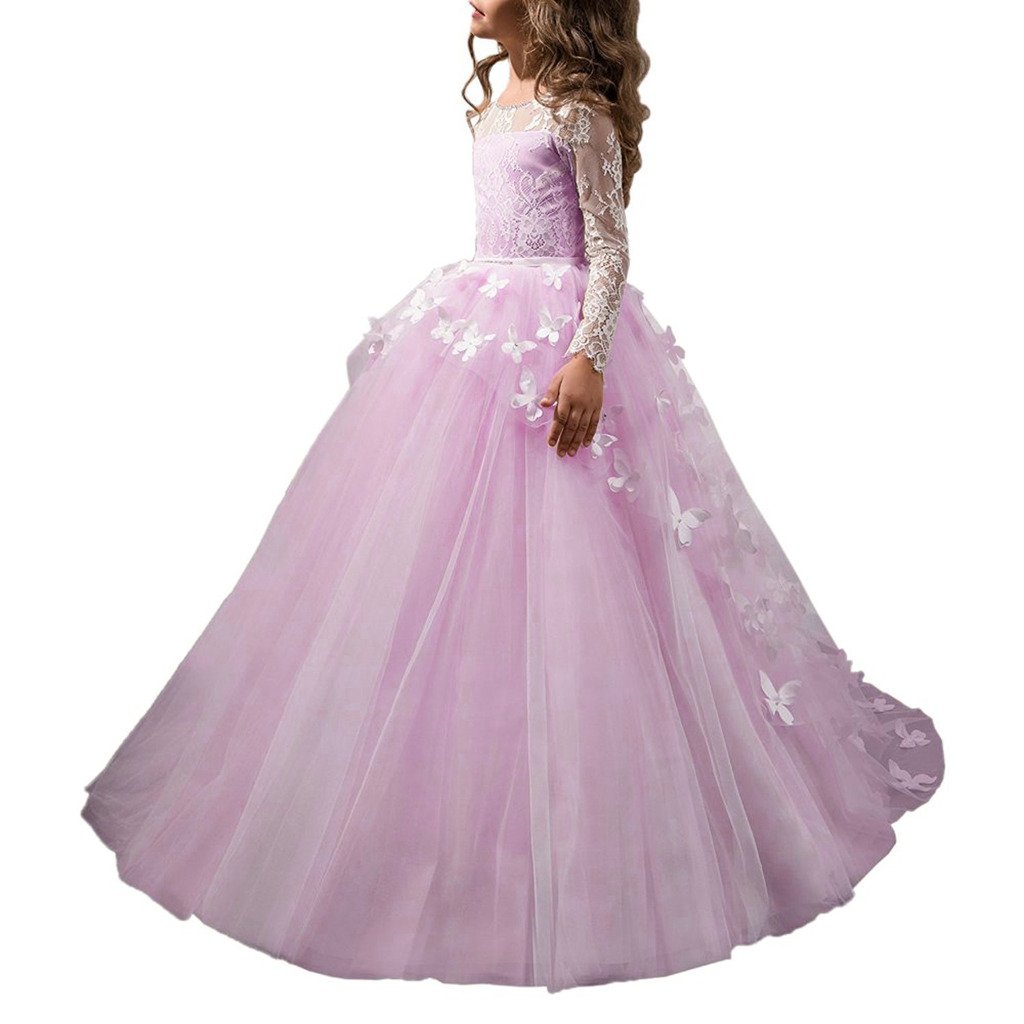 Y&C Lace Flower Girl Dress - Floor Length Pageant Gown with Butterfly Design for Kids, Princess Wedding Ball Gown | Perfect for Weddings, Pageants, Special Occasions & Photo Shoots