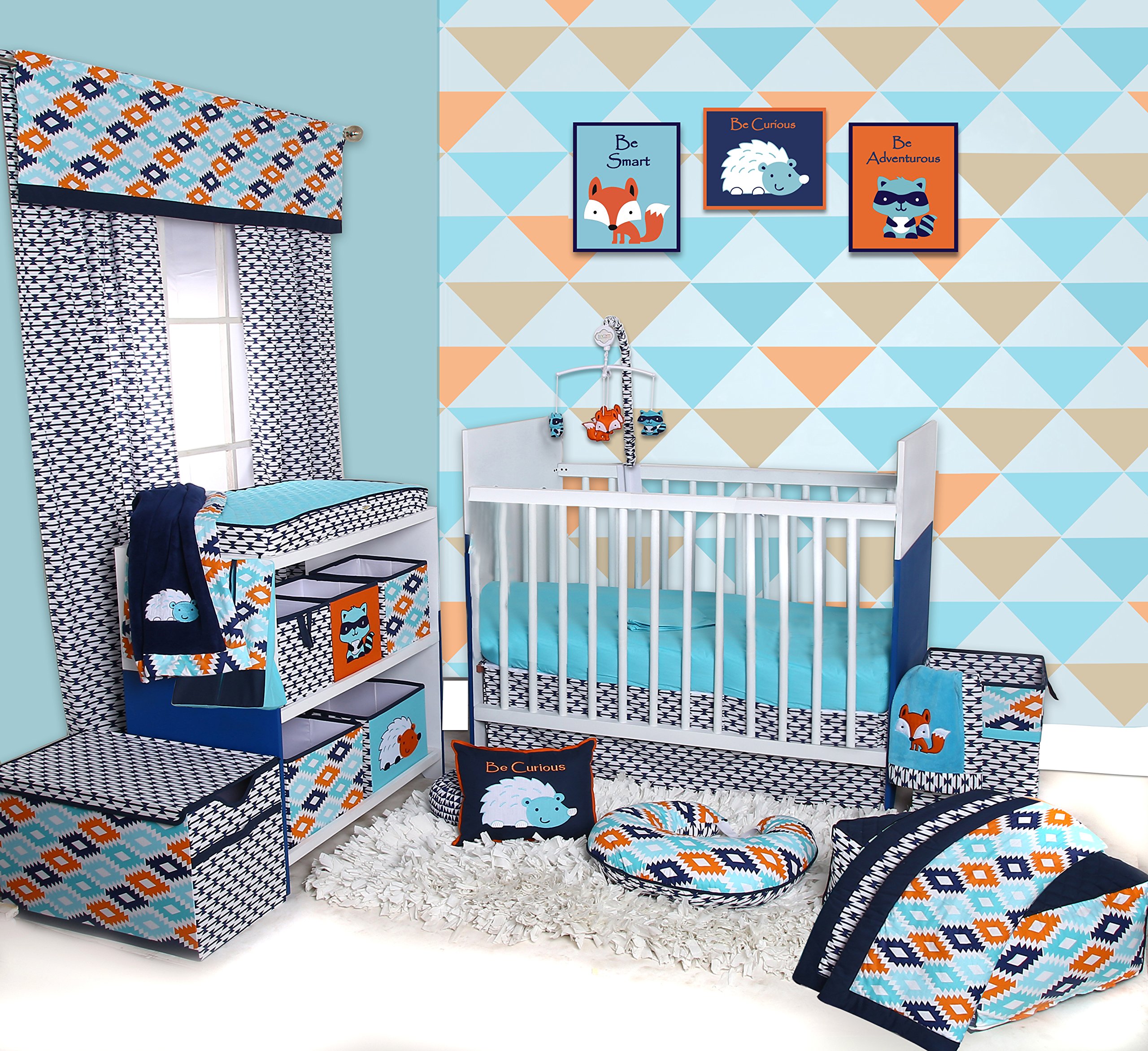 Bacati Liam Aztec Aqua Orange Navy 10-Piece Crib Set with 2 Crib Sheets - Soft Baby Bedding for Nursery, Boys & Girls Room Decor, Complete Crib Set for Newborns & Toddlers