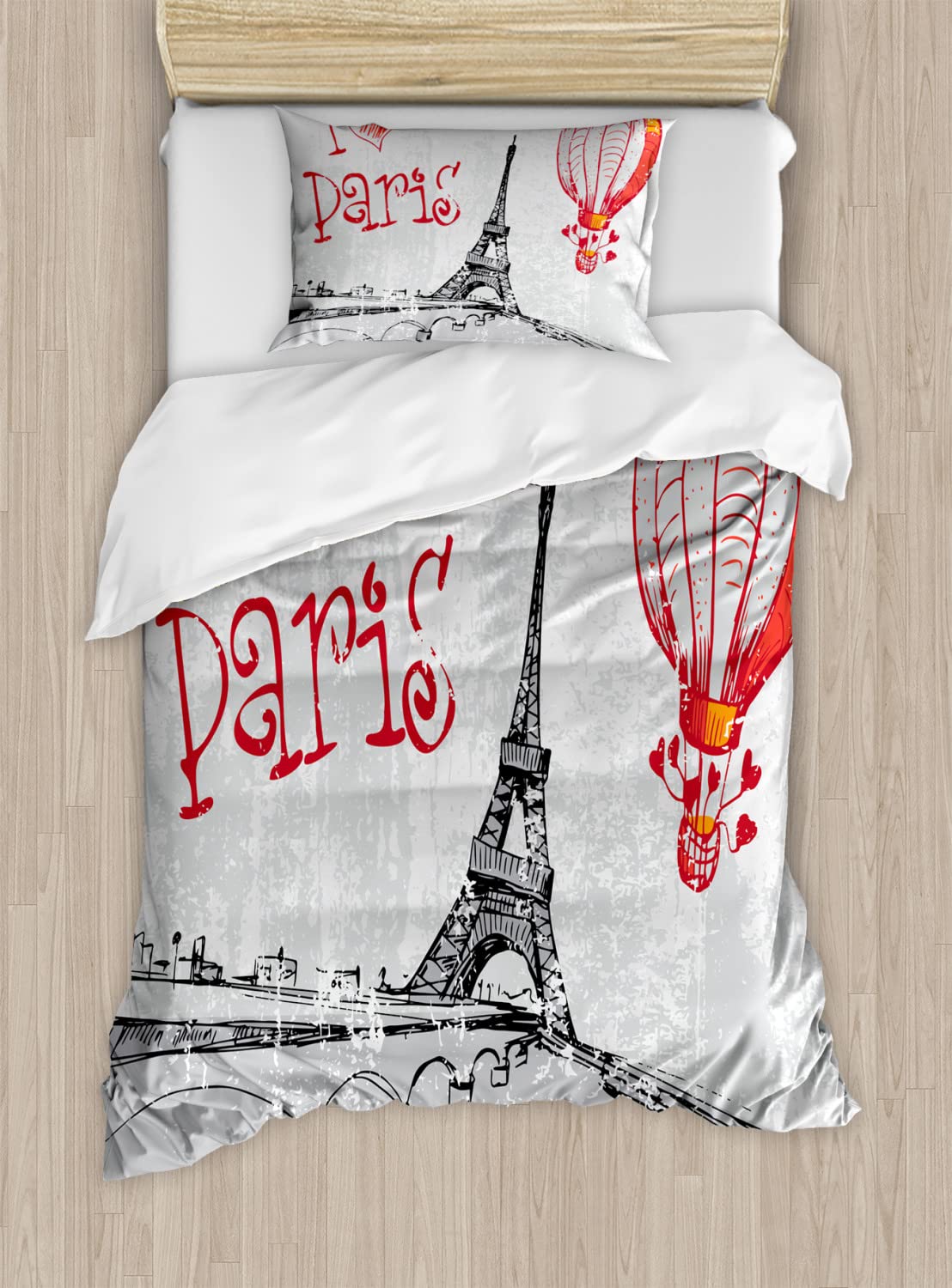 Ambesonne Love Duvet Cover Set - Romantic Paris Hot Air Balloon with Hearts Doodle Print, 2-Piece Queen Size Bedding Set with 4 Pillowcases (Red, Black, Grey) - Perfect for Couples Bedroom, Valentine's Gift & Paris-Themed Decor