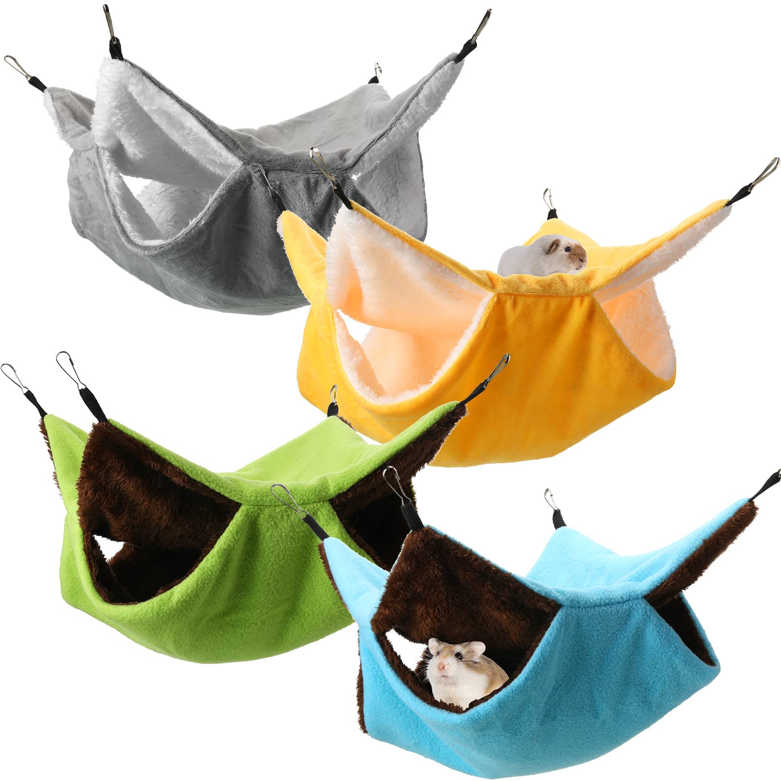 Nuogo 4-Pack Double Layer Small Animal Hammock - Ferret, Rat, Guinea Pig, Squirrel & Chinchilla Bed for Cage - Hanging Play & Sleep Accessories in Green, Blue, Gray & Yellow - Perfect for Small Pet Cages, Playtime & Cozy Napping Spaces