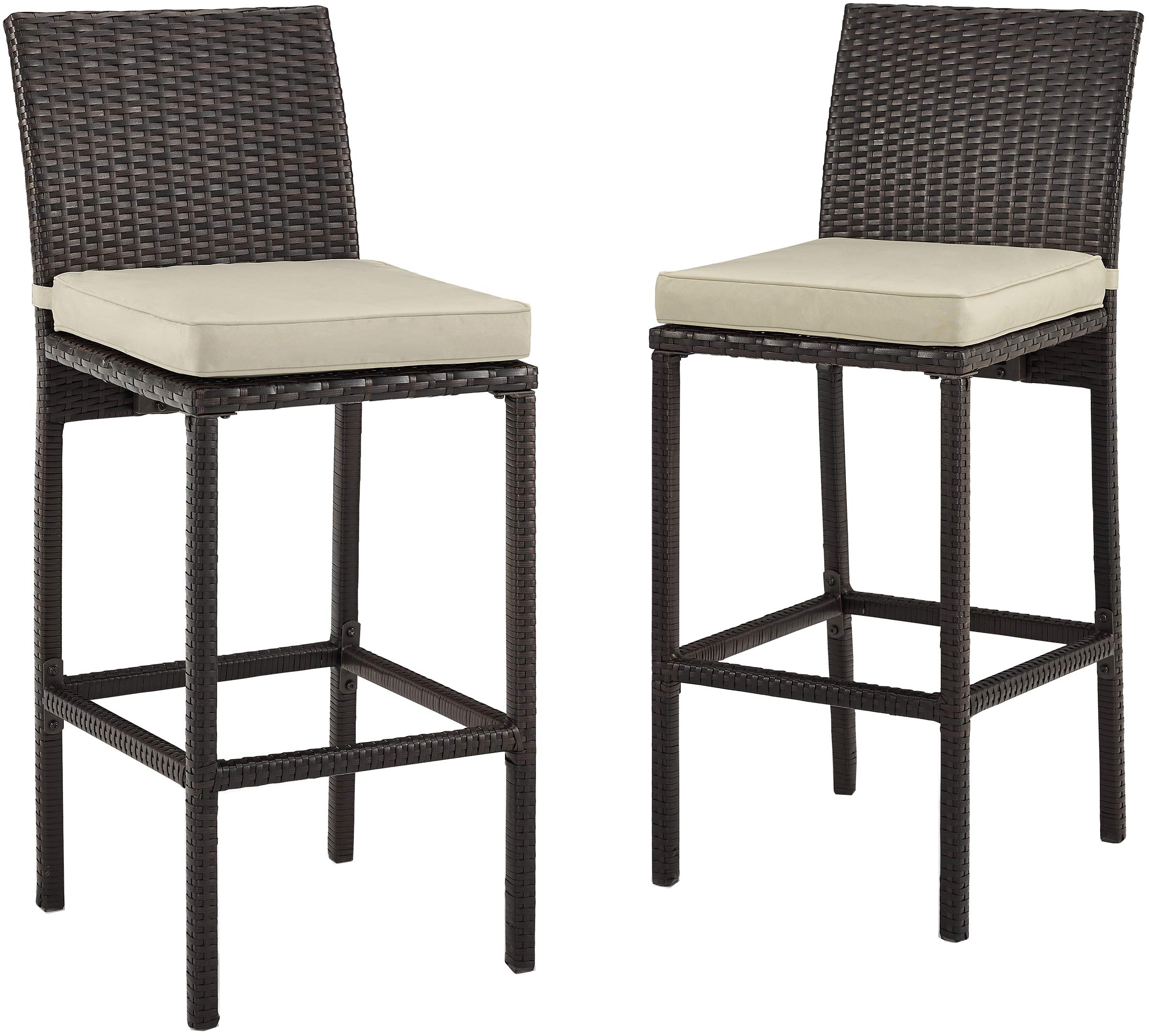 Crosley Furniture Palm Harbor Wicker Outdoor Bar Stools - Set of 2, Brown with Sand Cushion - Patio, Backyard & Balcony Furniture for Outdoor Dining, Lounging & Entertaining