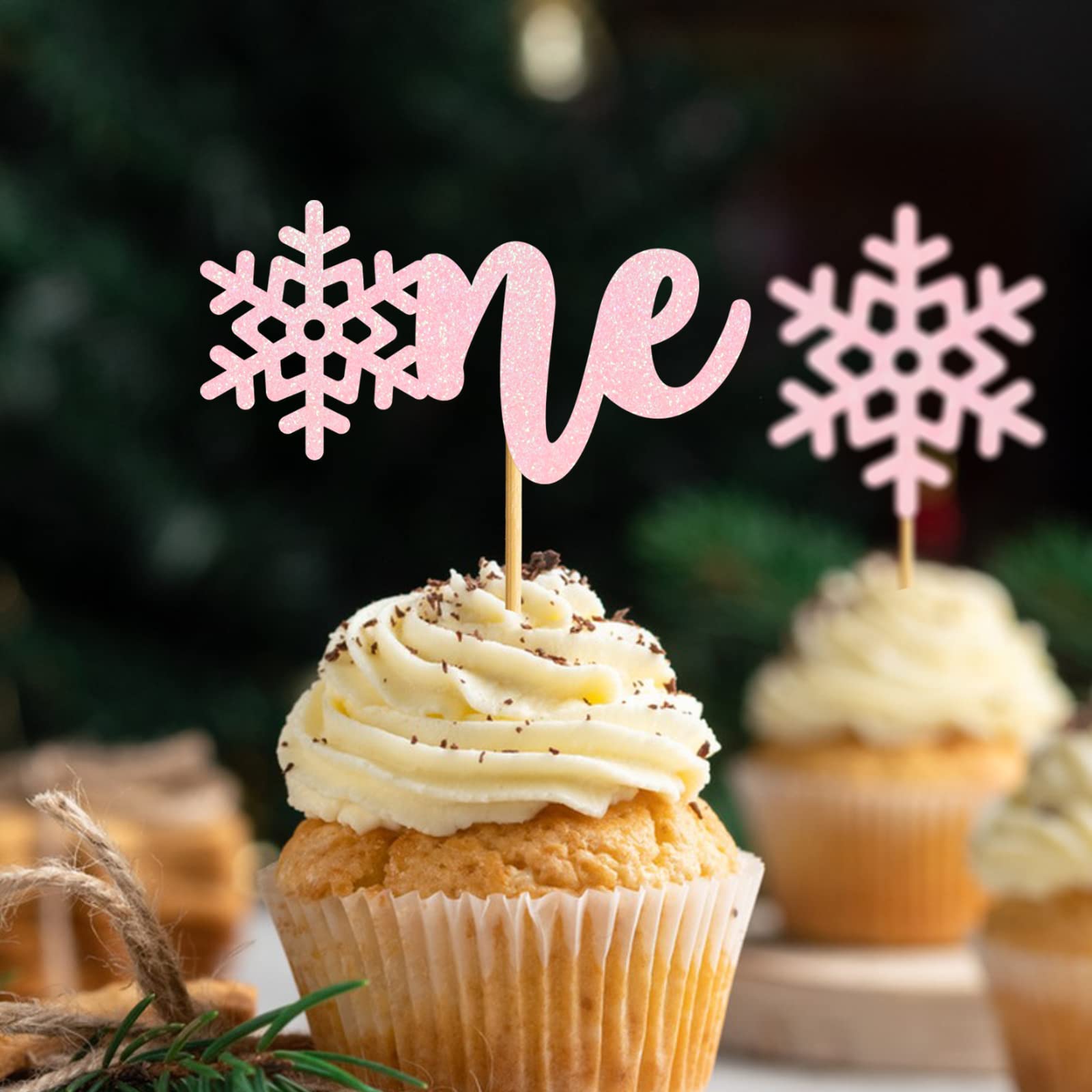 24 Pcs Glitter Pink Snowflake Cupcake Toppers for 1st Birthday Party Decorations - Perfect for Onederland Theme, Baby Girl's First Birthday Cake Decor, Christmas & Winter Celebrations