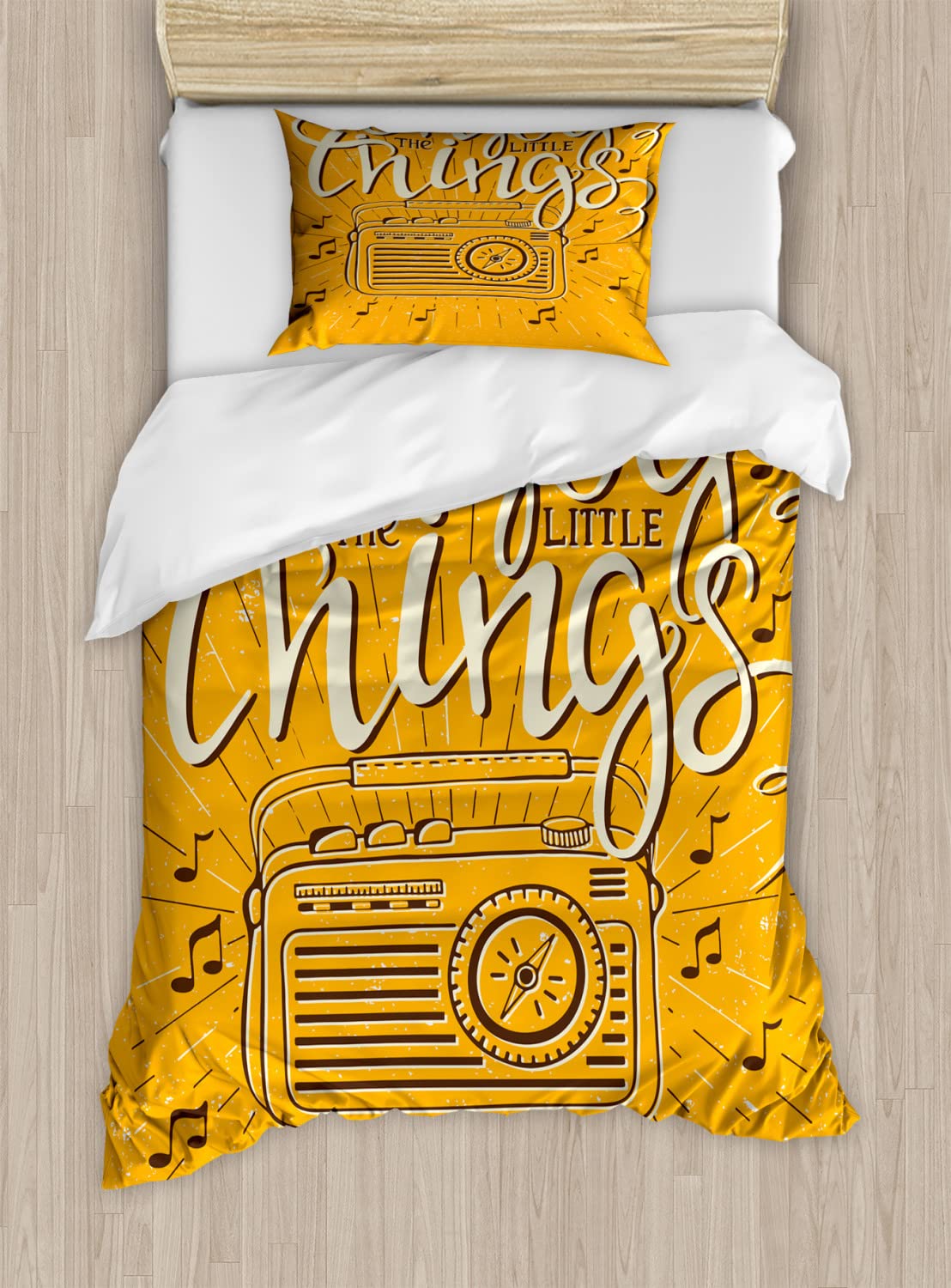 Ambesonne Vintage Radio Music Duvet Cover Set - 2 Pack King Size with 4 Pillowcases, Hand-Drawn Calligraphy Design in Marigold Black & Cream | Retro Bedding for Music Lovers & Vintage Decor Enthusiasts - Perfect for Bedroom Makeovers & Gift Giving