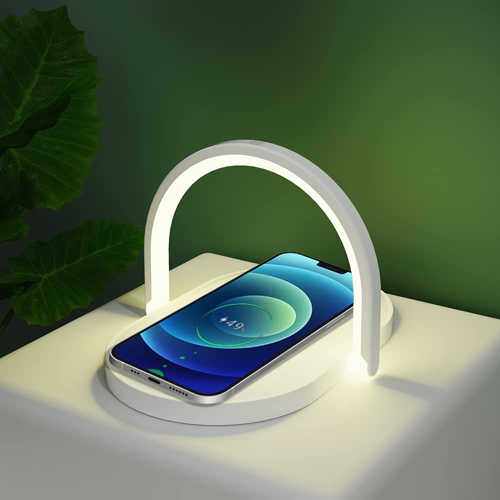 3-in-1 Wireless Charging Table Lamp with 15W Fast Charging - Dimmable LED Bedside Night Light & Phone Stand for iPhone Samsung Huawei - Foldable Desk Lamp for Bedroom, Office, Living Room (White) - Perfect for Night Reading, Working & Phone Charging