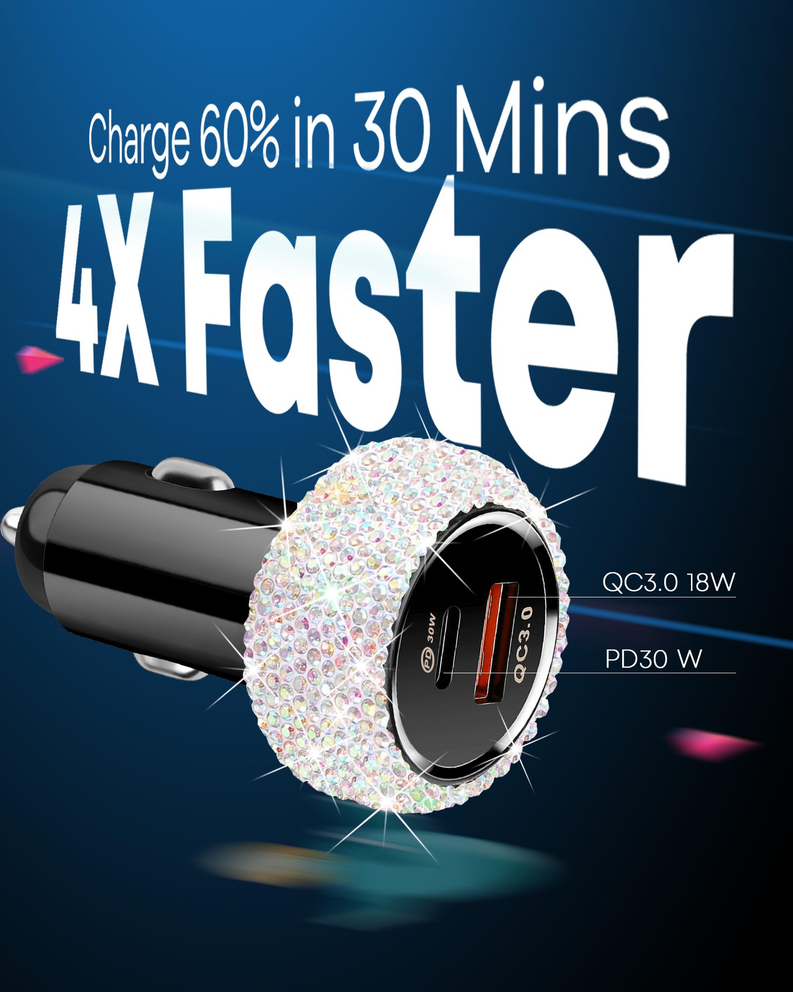48W PD QC Fast Car Charger with USB-C Cable - Dual Port USB C Car Adapter for iPhone 16/15 Pro Max, iPad, Samsung Galaxy & Android Phones - Multi-Color Bling Design (Perfect for Road Trips & Daily Commute)