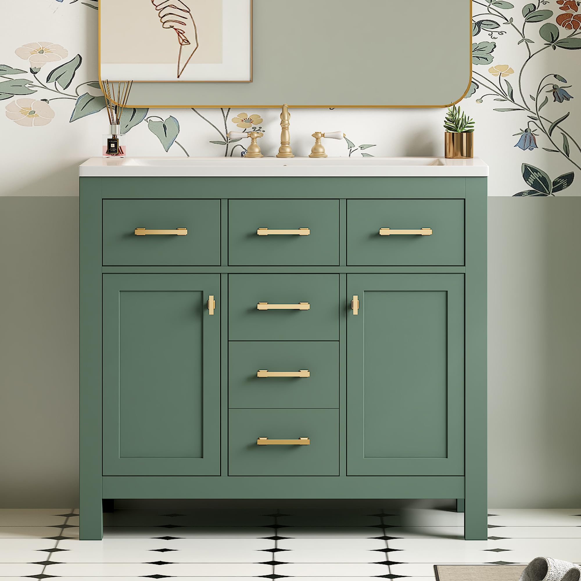 36 Inch Freestanding Bathroom Vanity with Undermount Resin Sink - Solid Wood Single Vanity with 4 Drawers & 2 Soft-Close Doors - Modern Green Bathroom Sink Cabinet for Small Bathrooms & Powder Rooms