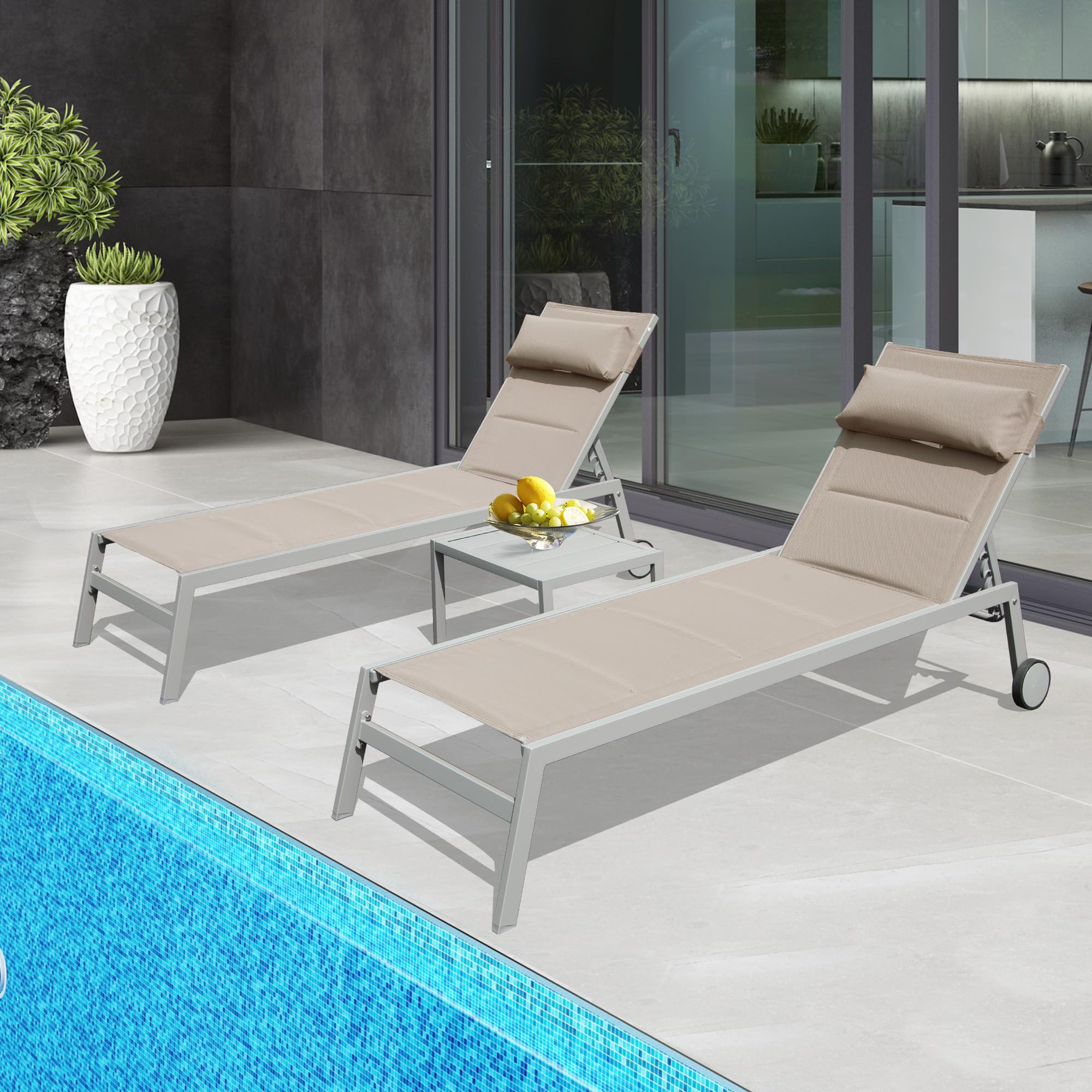 Domi Patio 3-Piece Chaise Lounge Set with Adjustable Recliner, Textilene Padded Aluminum Pool Lounge Chairs & Side Table - All-Weather Outdoor Furniture for Backyard, Deck, Poolside, Beach, and Garden Use