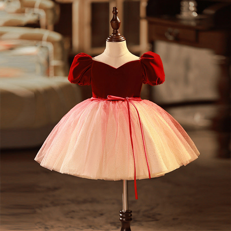 Burgundy Velvet Tulle Flower Girl Dress with Puff Sleeves - Elegant Princess Gown for Weddings, Birthday Parties & Special Occasions