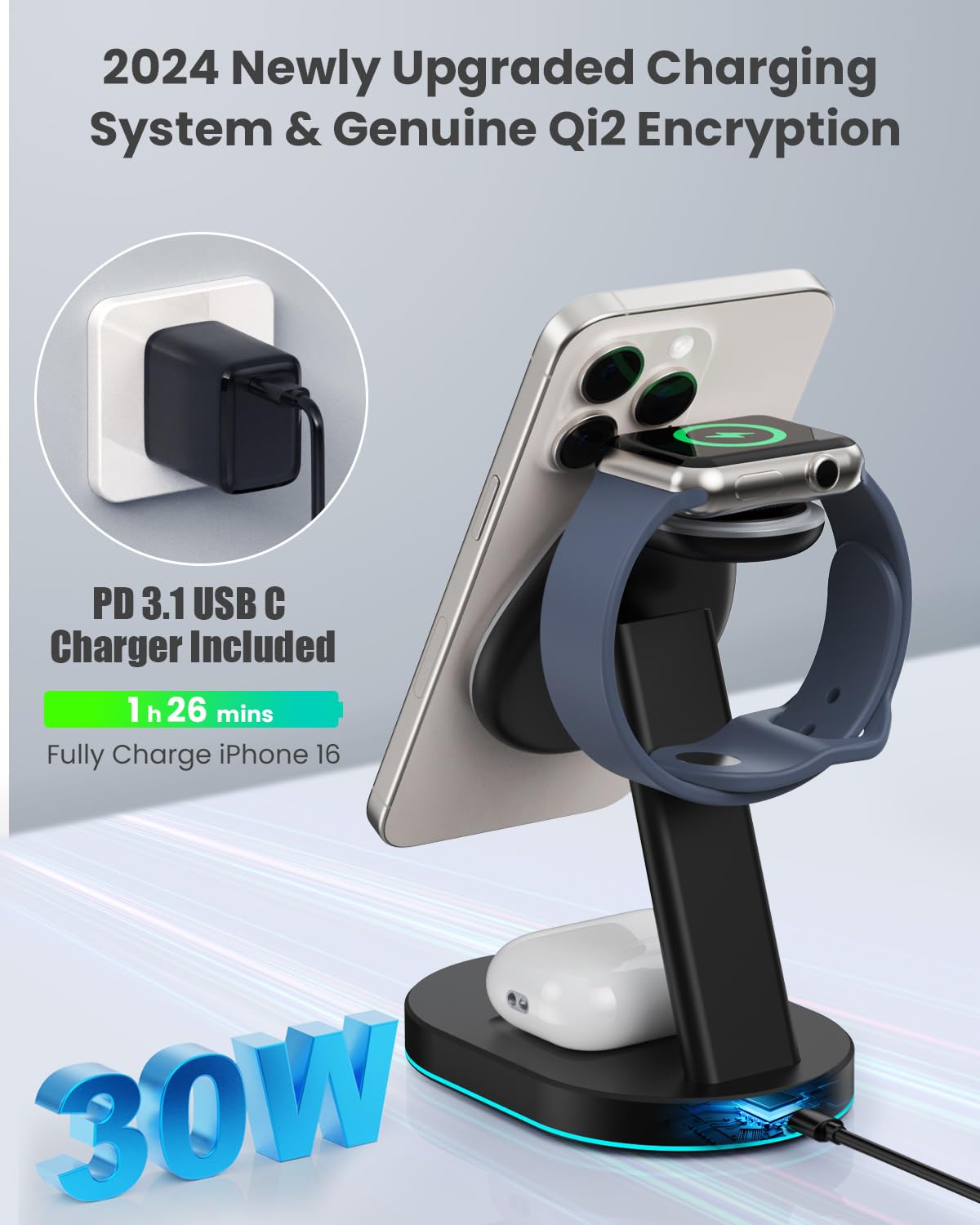 3 in 1 Wireless Charging Station for iPhone 16/15/14/13/12 - Qi2 Certified 15W Magnetic Charger with 30W USB C Adapter & Night Light - Compatible with Apple Watch & AirPods - Perfect for Bedside, Office & Travel Charging
